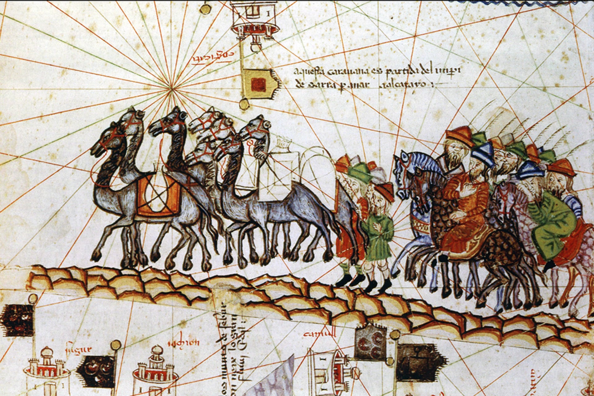 A depiction of a caravan (a group of people traveling together) on the Silk Road from the Catalan Atlas.