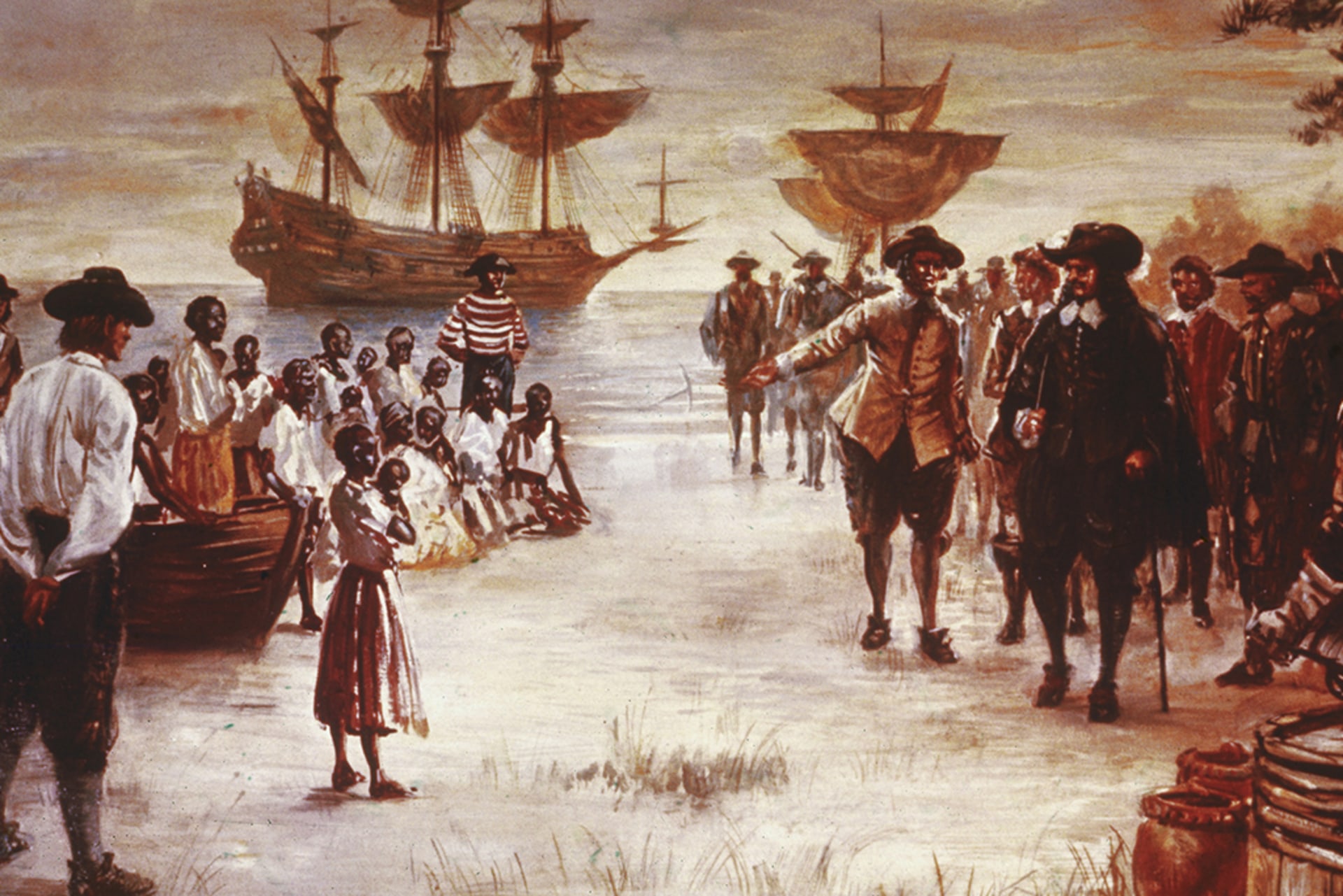An engraving shows the arrival of a Dutch slave ship with a group of African slaves for sale in Jamestown, Virginia, in 1619.