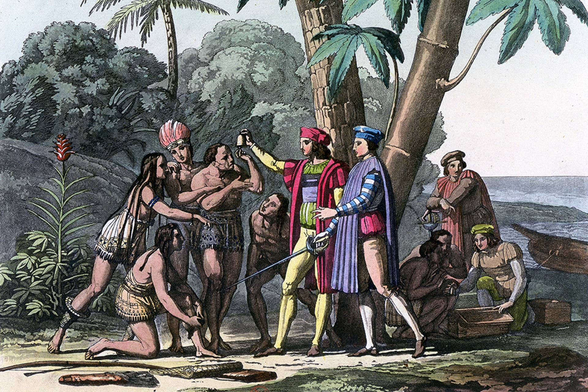 A depiction of Christopher Columbus landing on the Caribbean island of Hispaniola and meeting the natives in 1492.