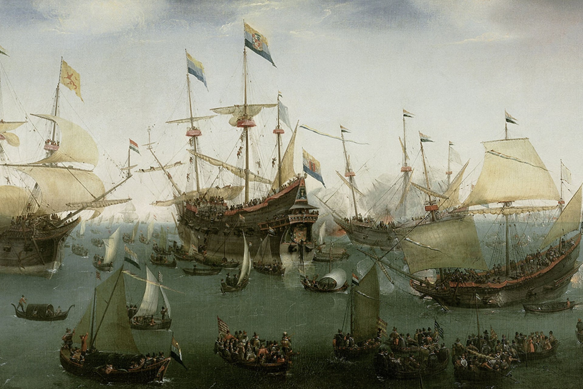 A painting of Dutch ships returning to Amsterdam from the Indies in 1599.