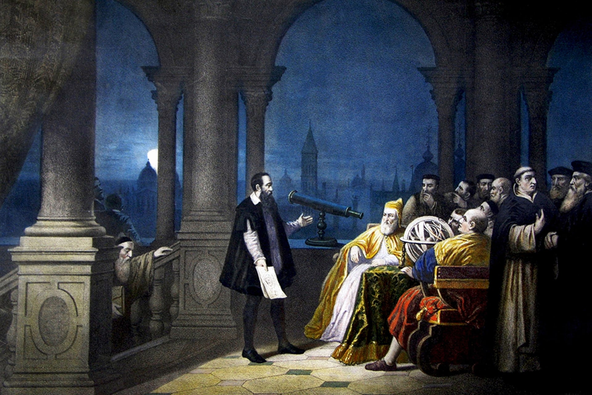 A painting of Galileo showing his telescope to the Doge Leonardo Donato.