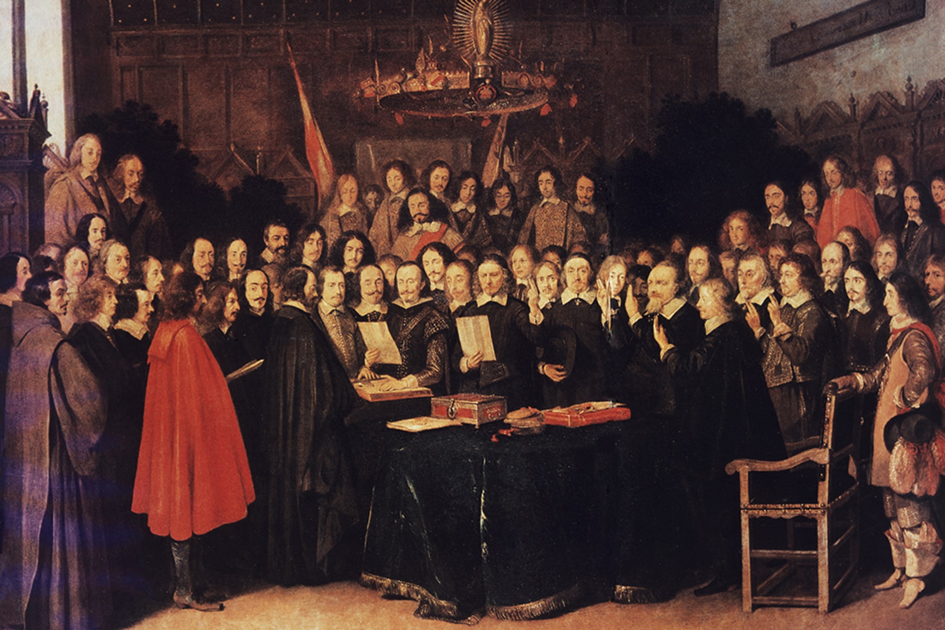 A painting of the swearing of the oath of ratification of the Treaty of Münster, part of the Peace of Westphalia, on October 24, 1648.