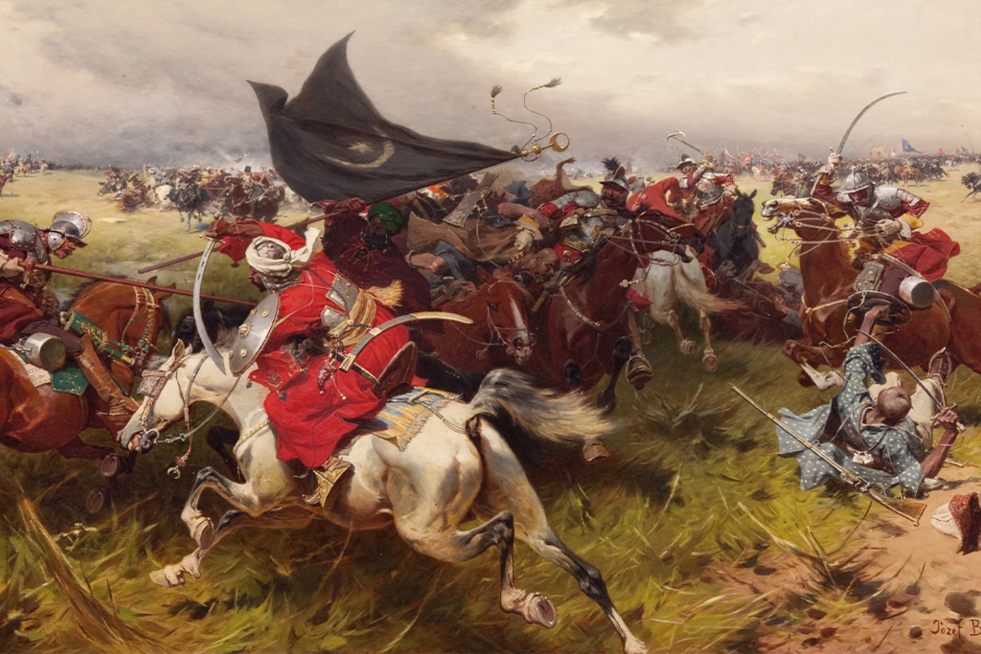 A painting of Polish and Turkish fighters on a battlefield.