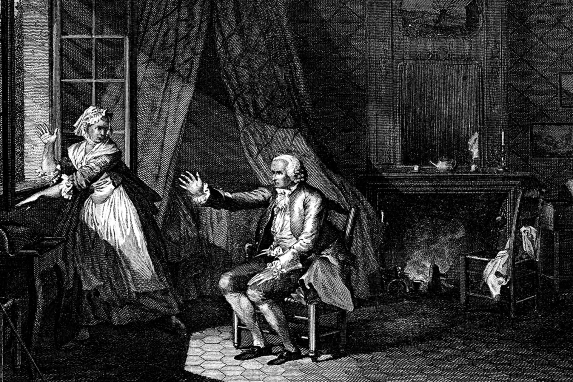 An engraving of Jean Jacques Rousseau, a French Enlightenment philosopher, reaching to the light and speaking to his wife just before his death in 1778.