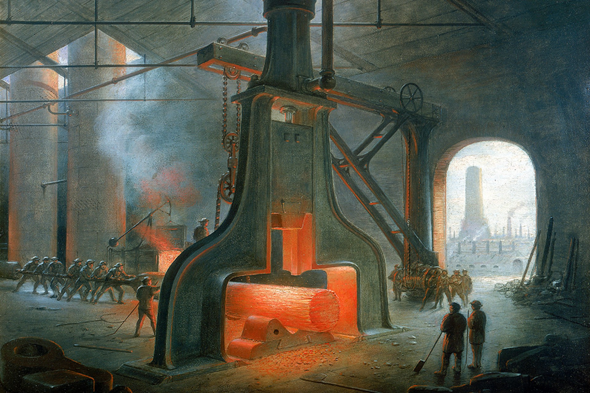 The steam hammer, invented by the Scottish engineer and inventor James Nasmyth, erected in his foundry near Manchester in 1832.