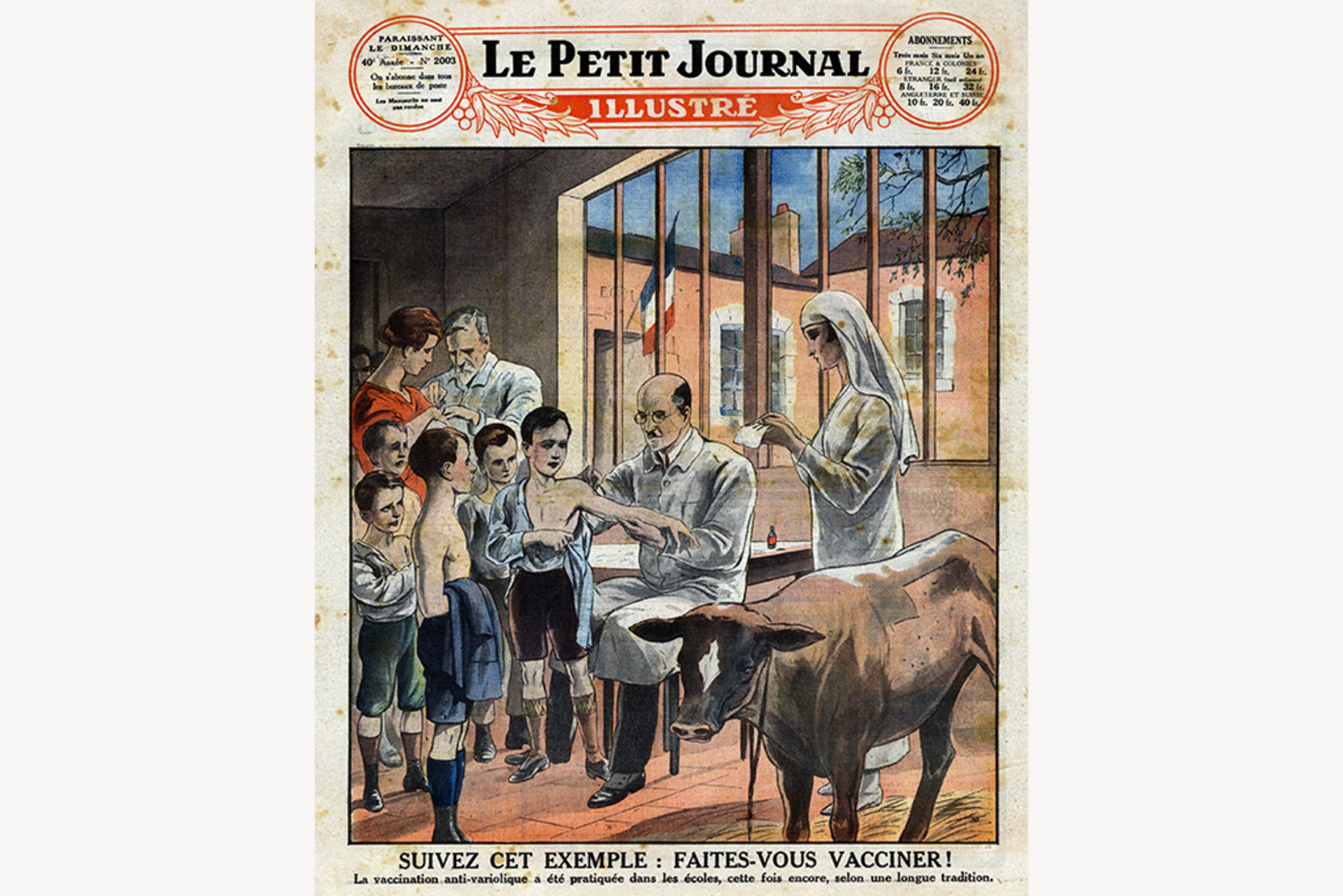 A depiction of a smallpox vaccination in a French public school on the front page of the French newspaper Le Petit Journal Illustre on May 12, 1929.