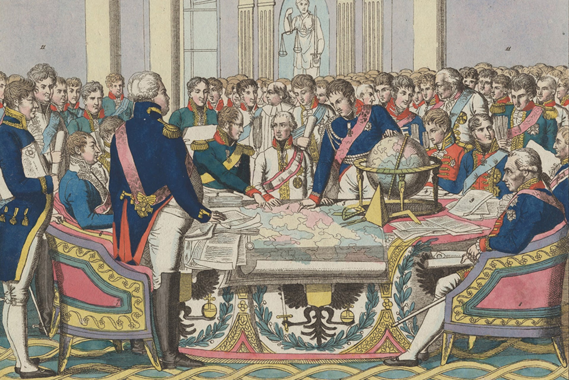 A depiction of the Congress of Vienna (A group of representatives of several European powers standing and sitting around a map).