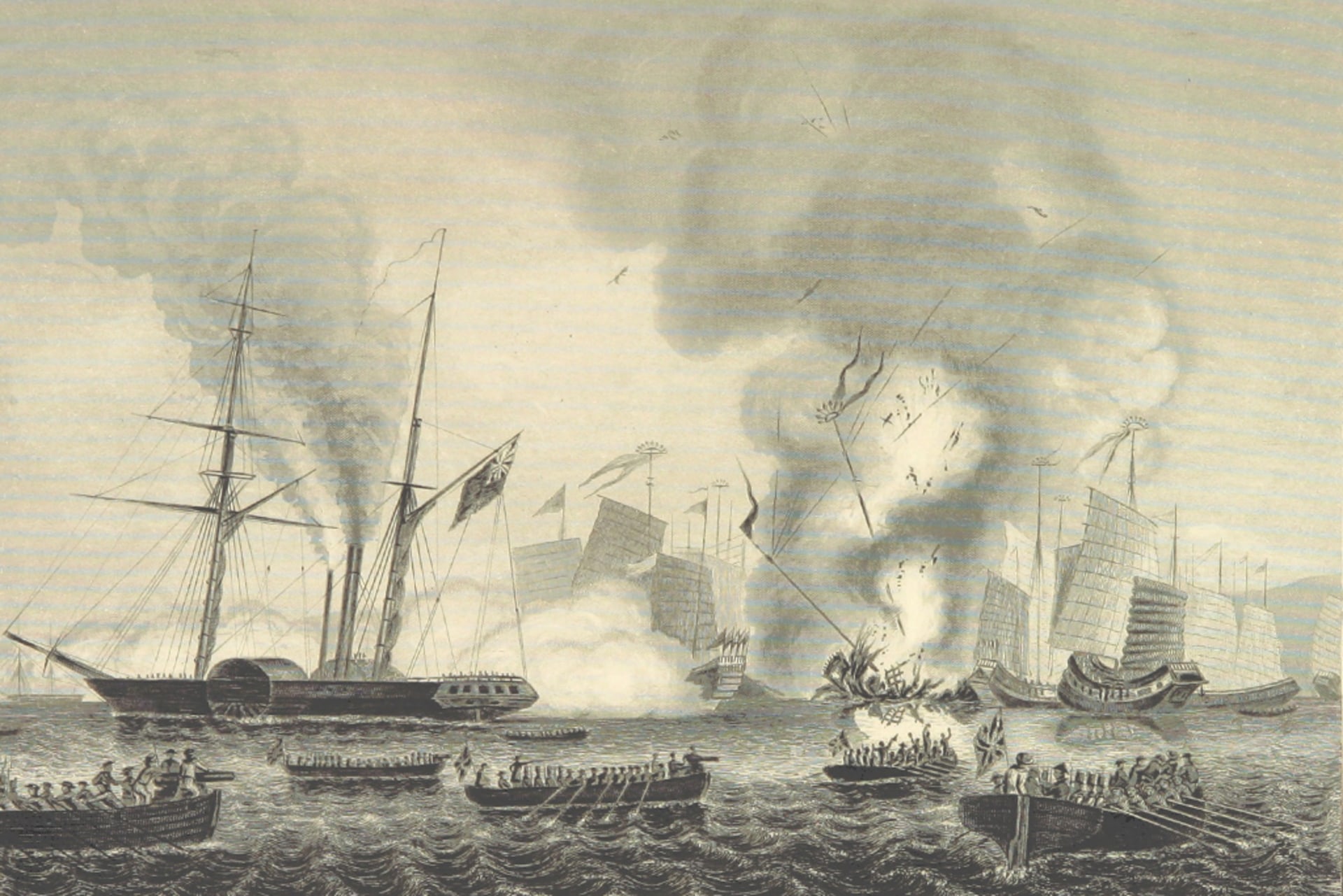 The East India steamer "Nemesis" and other boats destroying Chinese war junks in Anson's Bay on January 7, 1841 during the First Opium War.