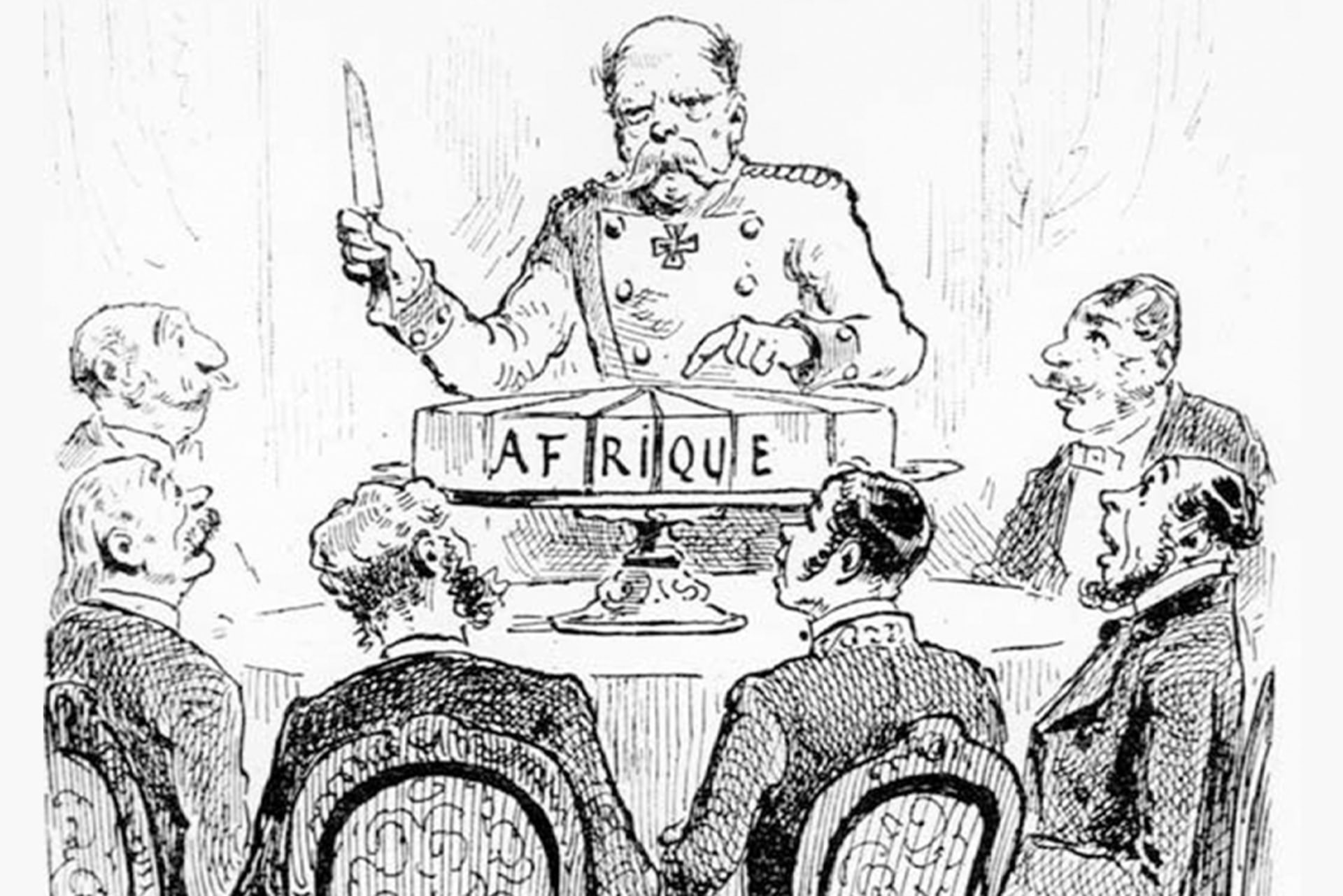 French political cartoon depicts German Chancellor Otto von Bismarck slicing up cake labeled "Africa" at the Berlin Conference in 1884.