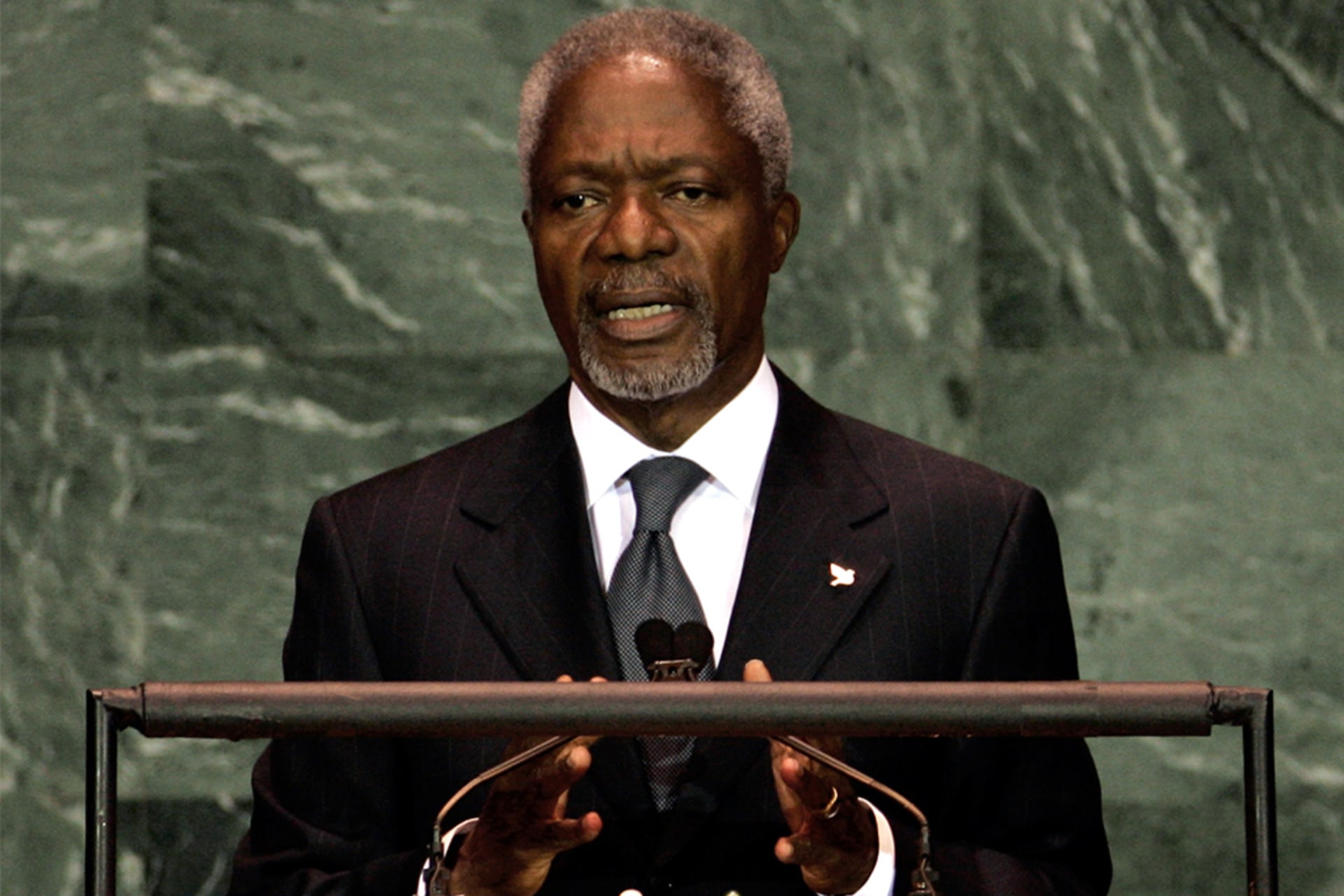 UN Secretary General Kofi Annan delivers his speech at the start of the 2005 World Summit and 60th General Assembly of the United Nations, where the Responsibility to Protect (R2P) doctrine was adopted, in New York on September 14, 2005.