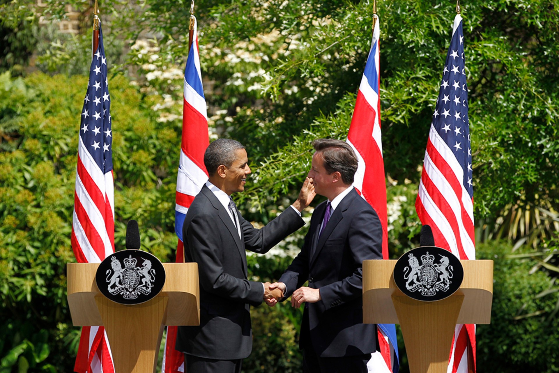 U.S. President Barack Obama and British Prime Minister David Cameron hold a news conference at Lancaster House in London on May 25, 2011.
