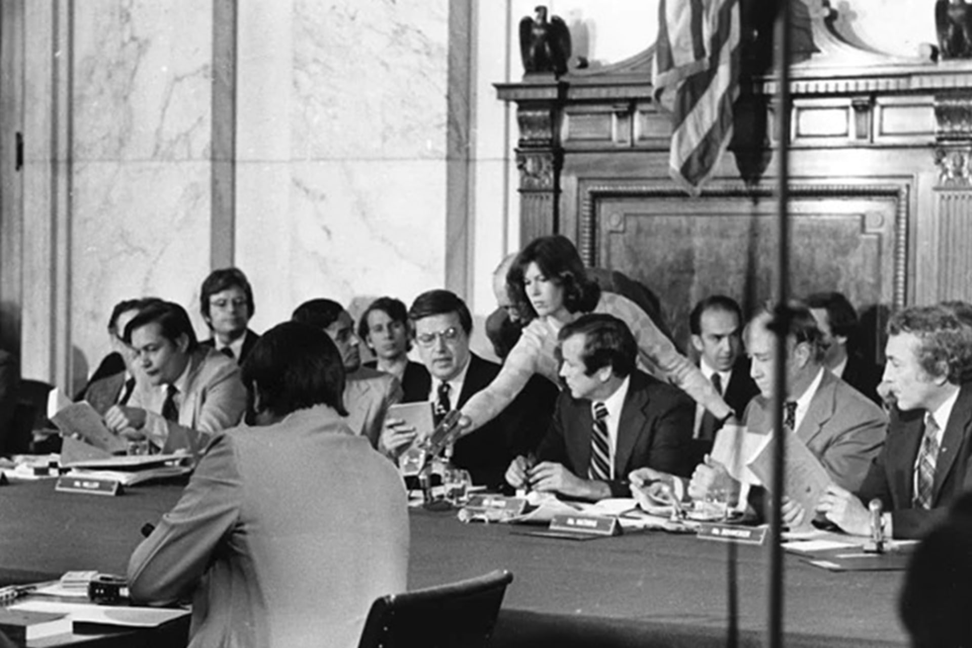 Senator Frank Church presides over a news conference on April 28, 1976.