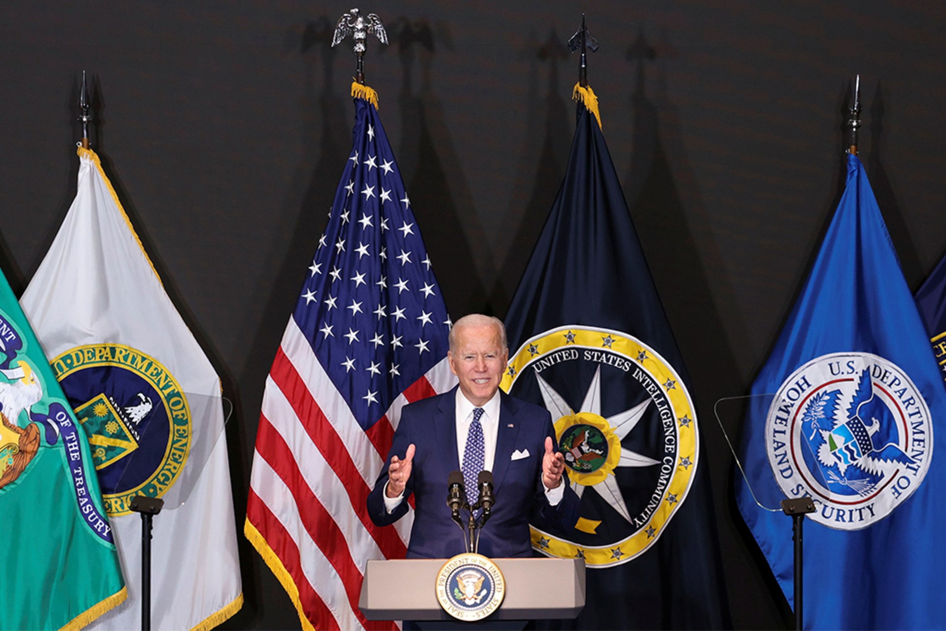 U.S. President Joe Biden delivers remarks at the Office of the Director of National Intelligence in McLean, Virginia on July 27, 2021.