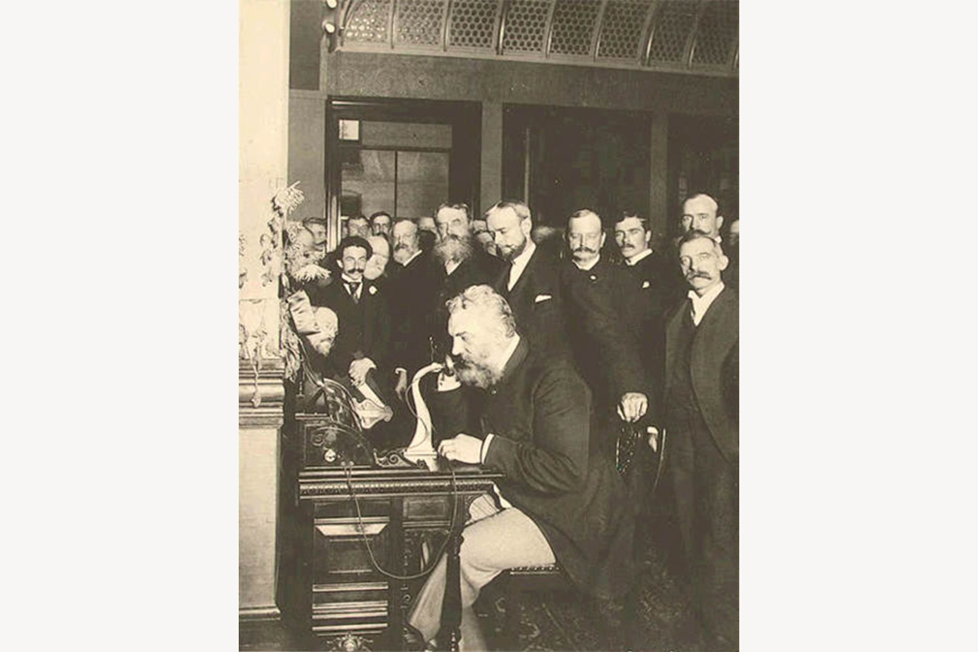 Alexander Graham Bell on the telephone calling Chicago from New York in 1892.