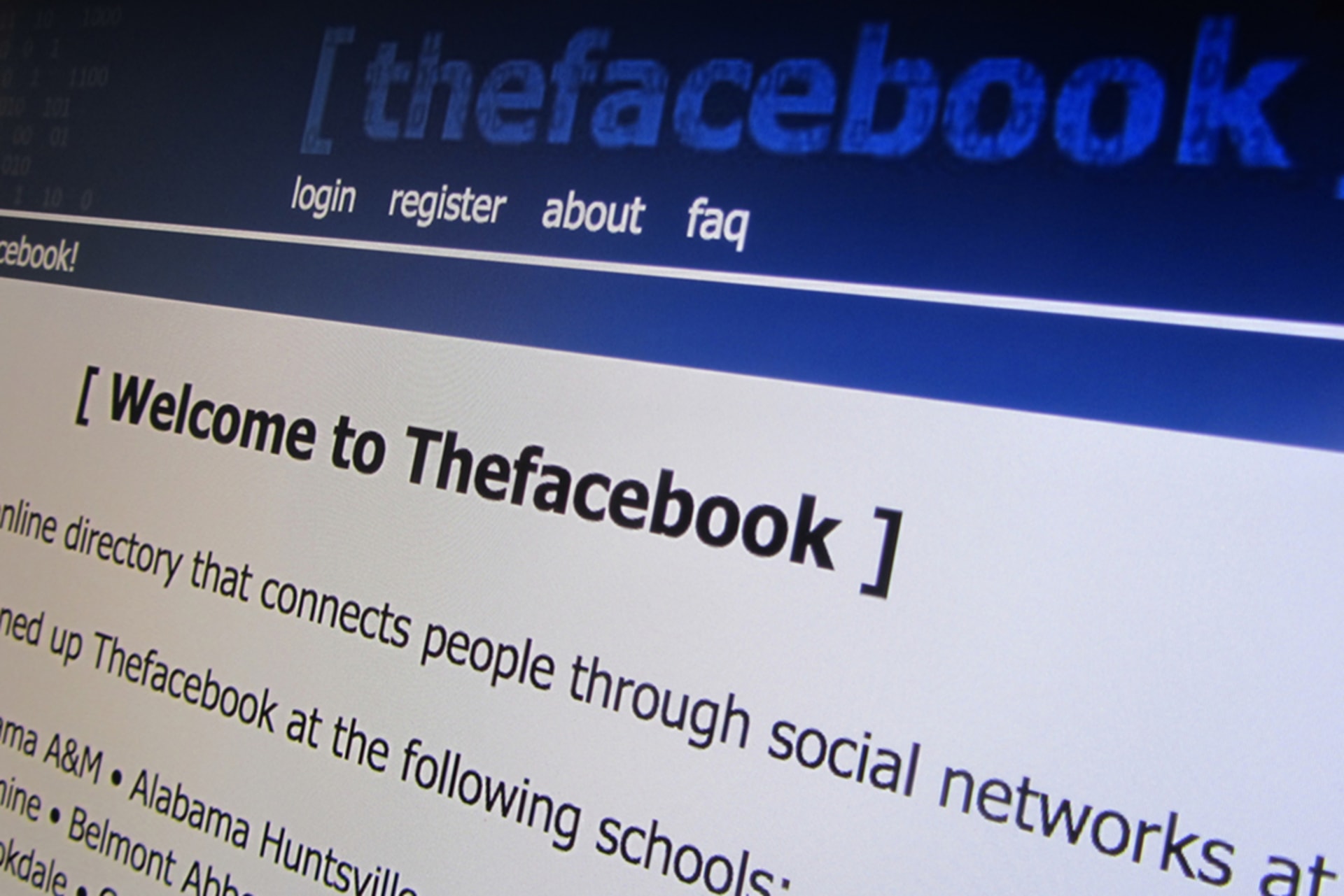 The home page of Thefacebook, an early version of Facebook.
