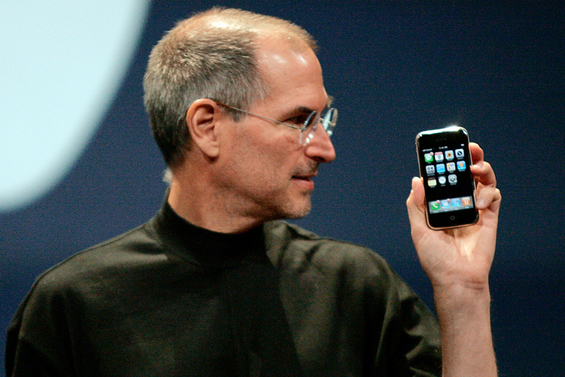 Steve Jobs unveils the first iPhone in San Francisco, California, on January 9, 2007.
