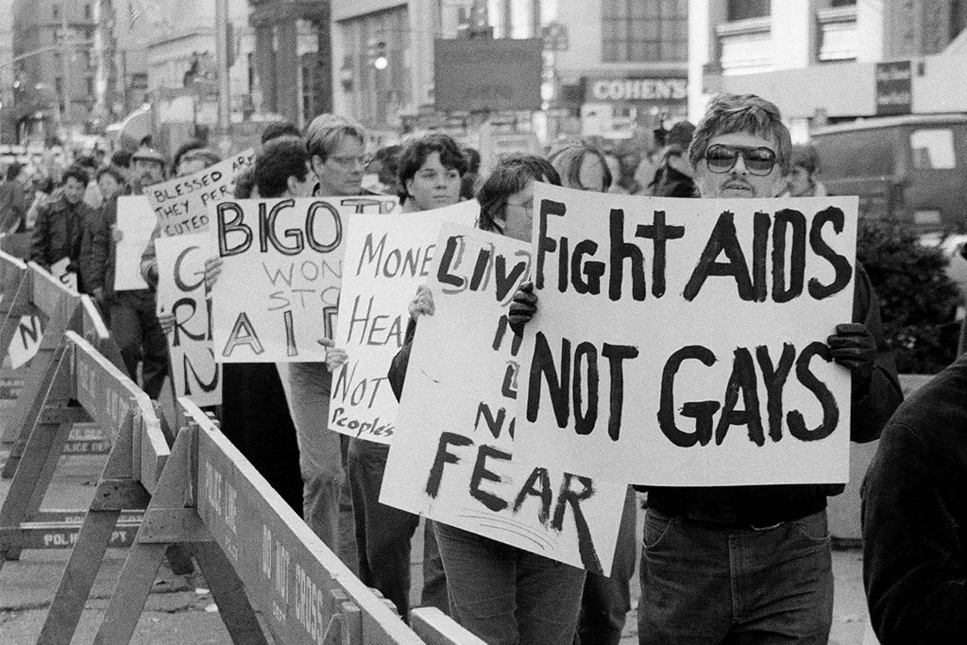 Demonstrators protest near City Hall in New York as a City Council committee considered legislation to bar pupils and teachers with the AIDS virus from public schools on November 15, 1985.