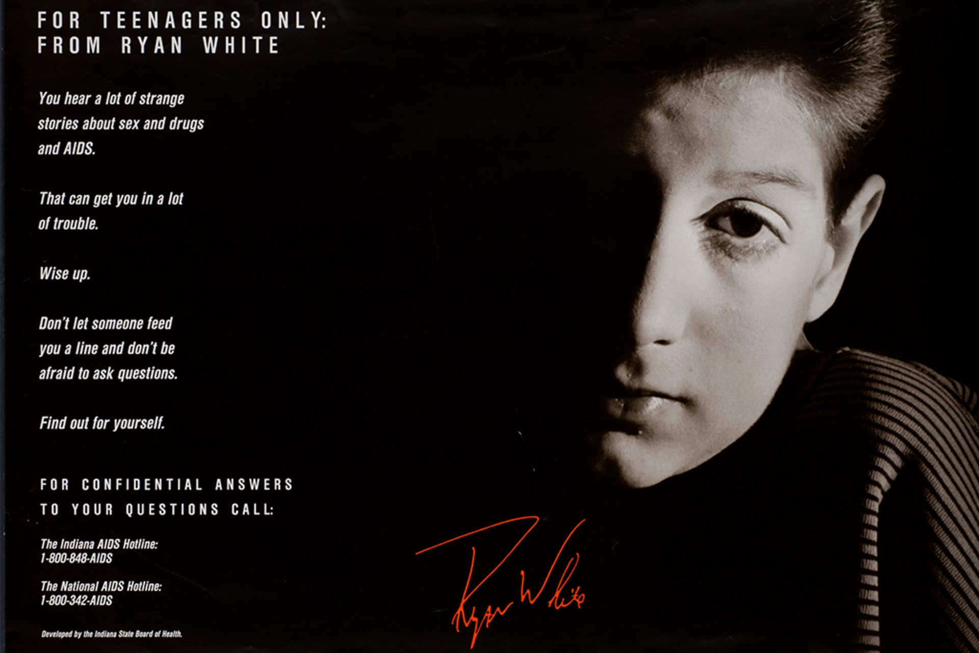 Ryan White's face and signature from a 1980s Indiana State Board of Health poster promoting AIDS hotlines.