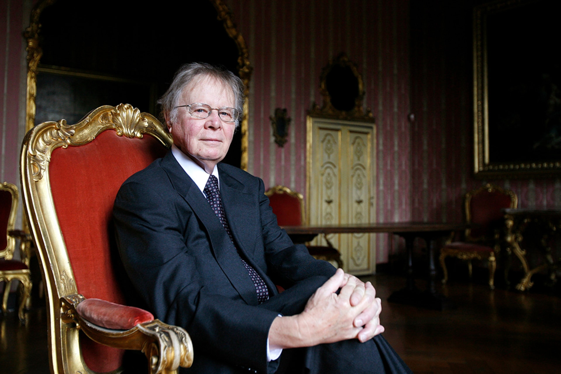 Wallace Broecker pictured seated on a red throne-like chair in Rome, Italy November 21, 2008.