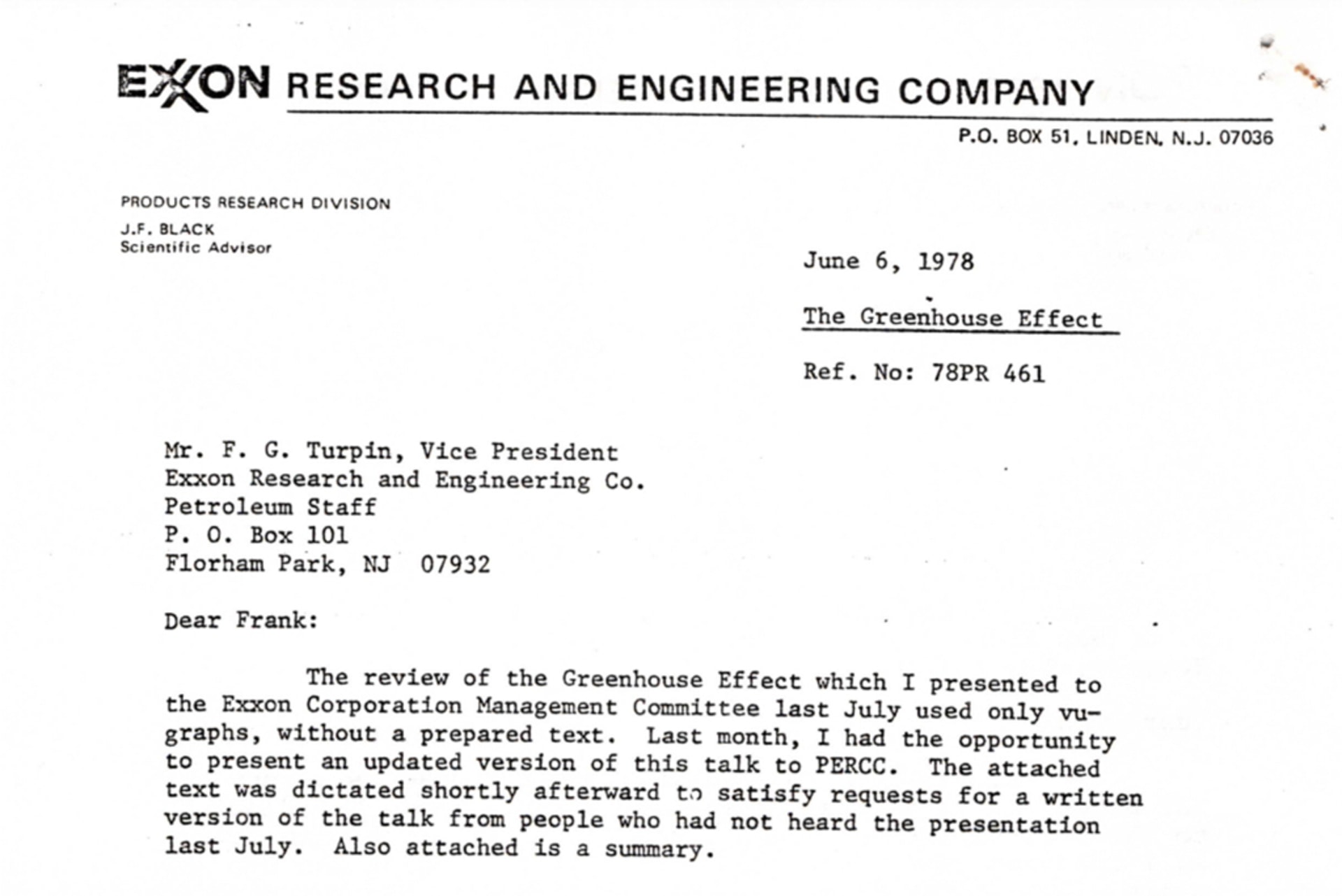 The first page of James Black's research report on the Greenhouse Effect sent to Exxon.