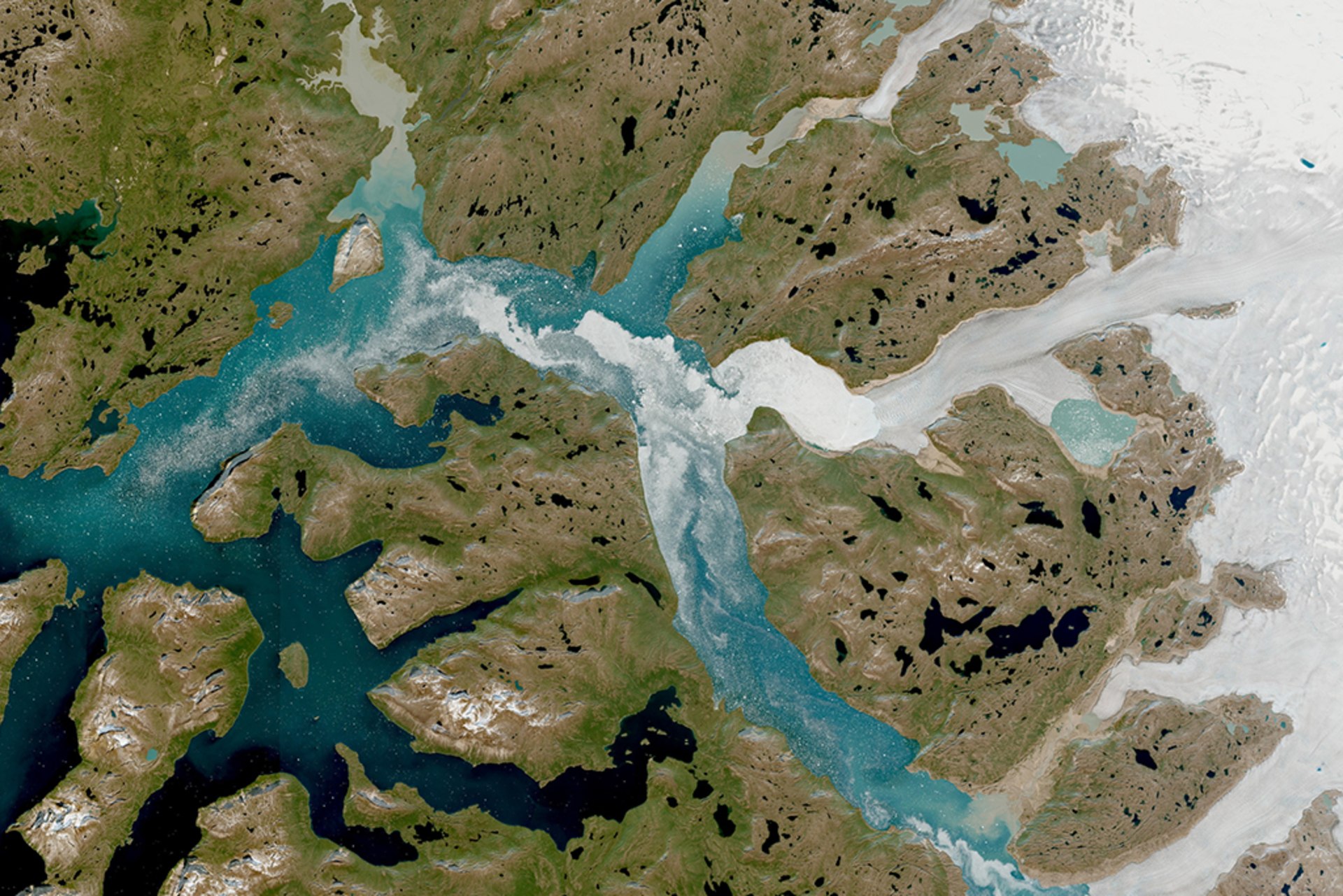 Satellite image shows significant ice melt in Greenland’s Nuuk Fjord on July 29, 2021.  