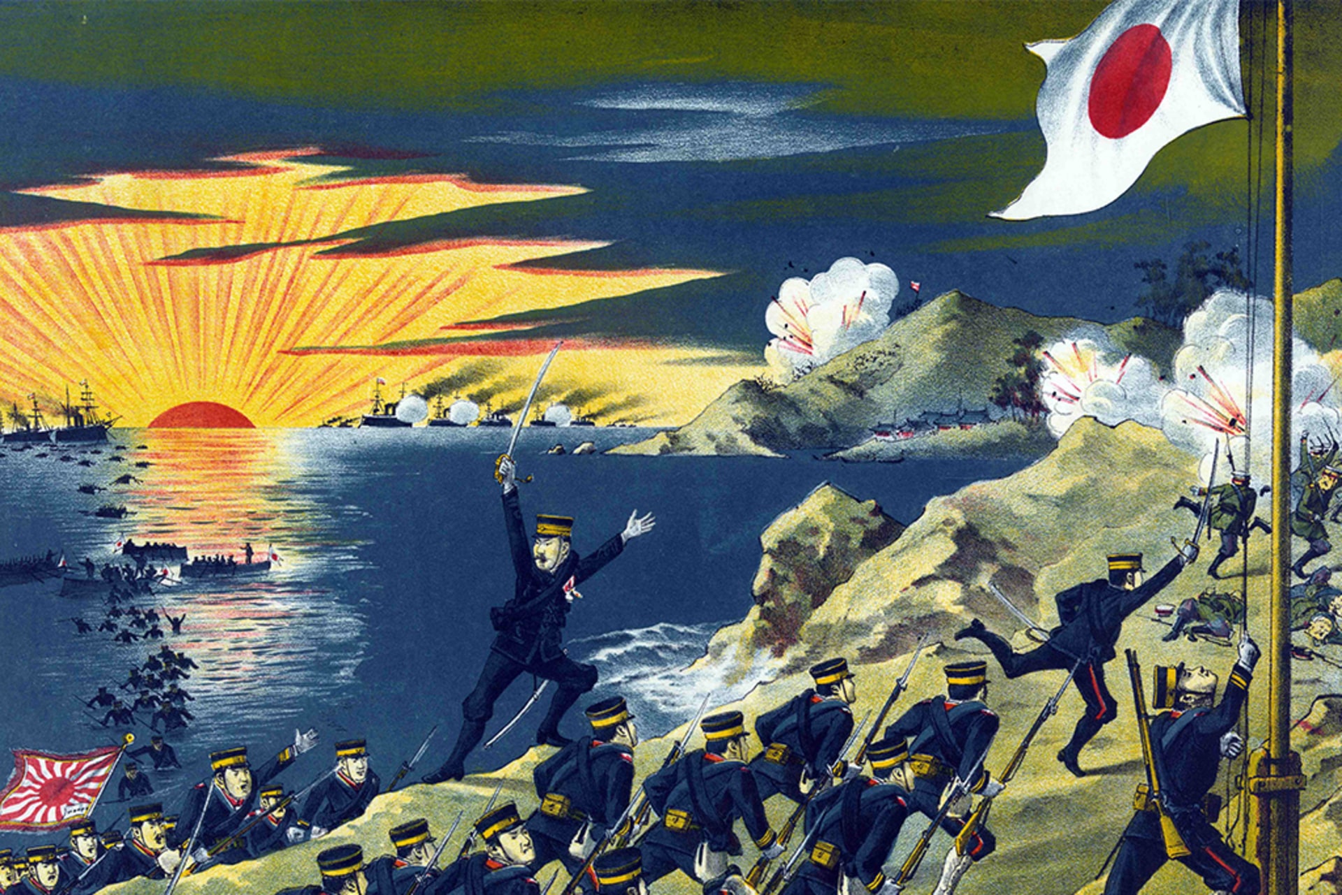 A woodcut illustration shows the Japanese Second Army landing on the Liaodong Peninsula. Soldiers charge up the hill while a Japanese flag flies on the right side.