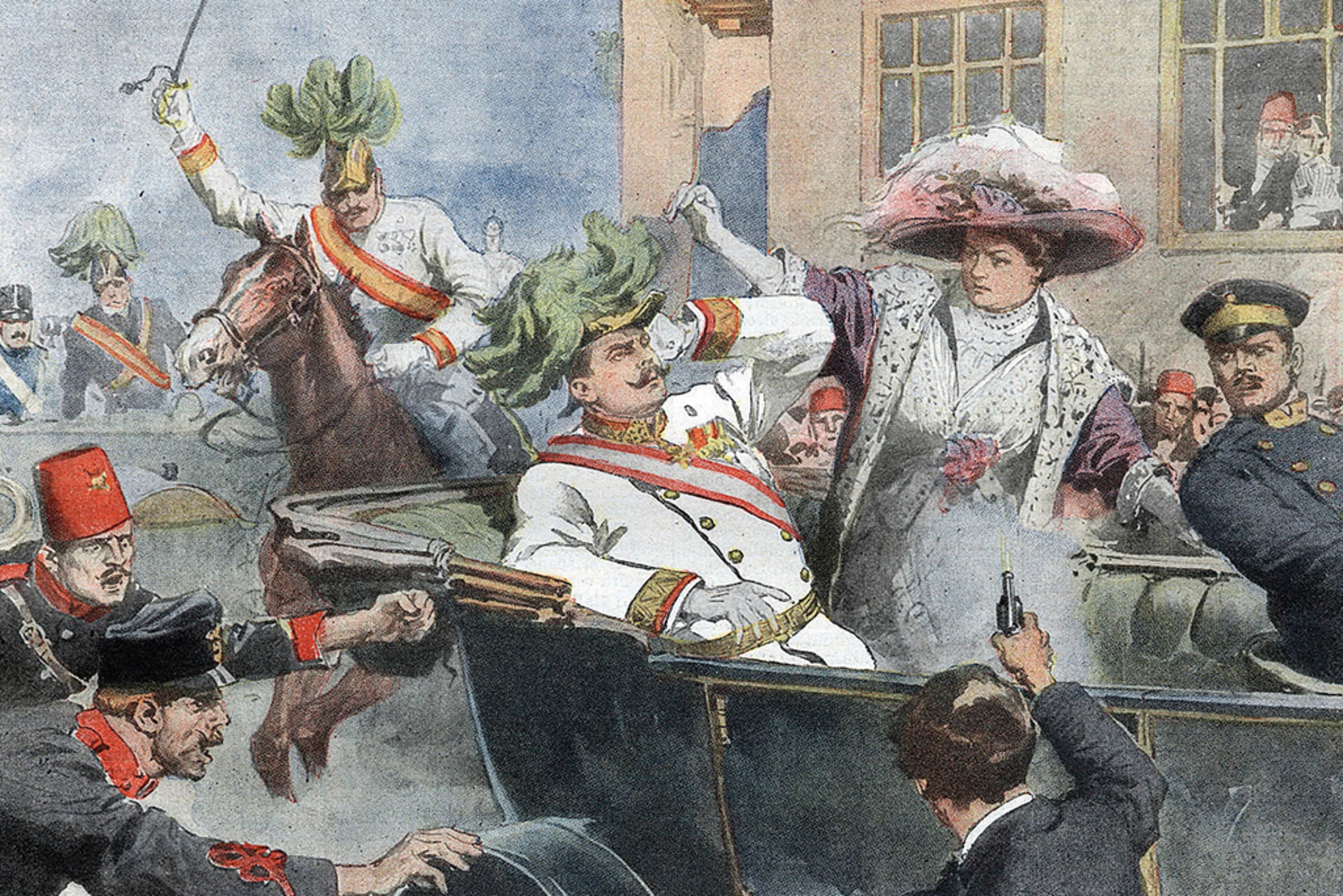 A drawing from the front page of an Italian paper on July 12, 1914, depicting Gavrilo Princip killing Archduke Francis Ferdinand of Austria in Sarajevo.