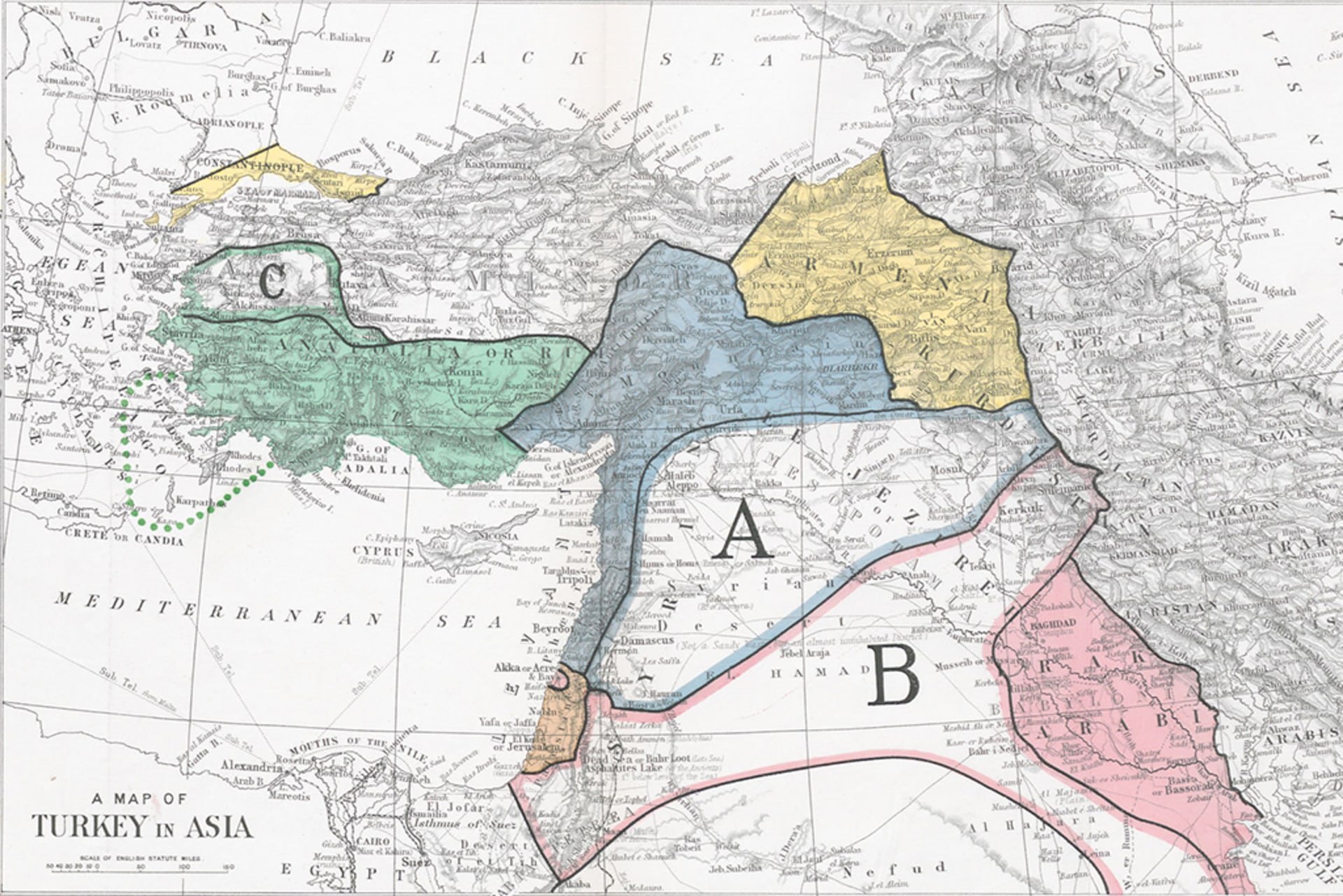 A map from 1919 illustrating the Sykes-Picot Agreement. Regions are labeled A and B.