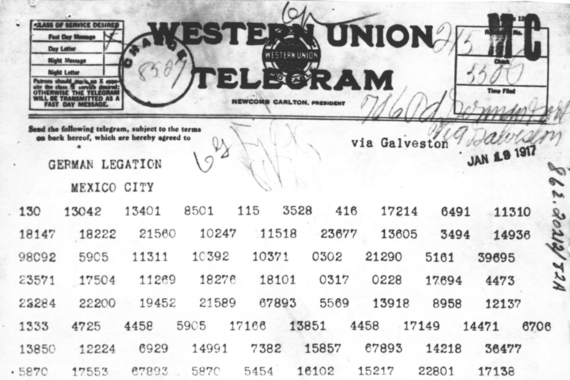 A scan of the top half of the Zimmerman telegram.