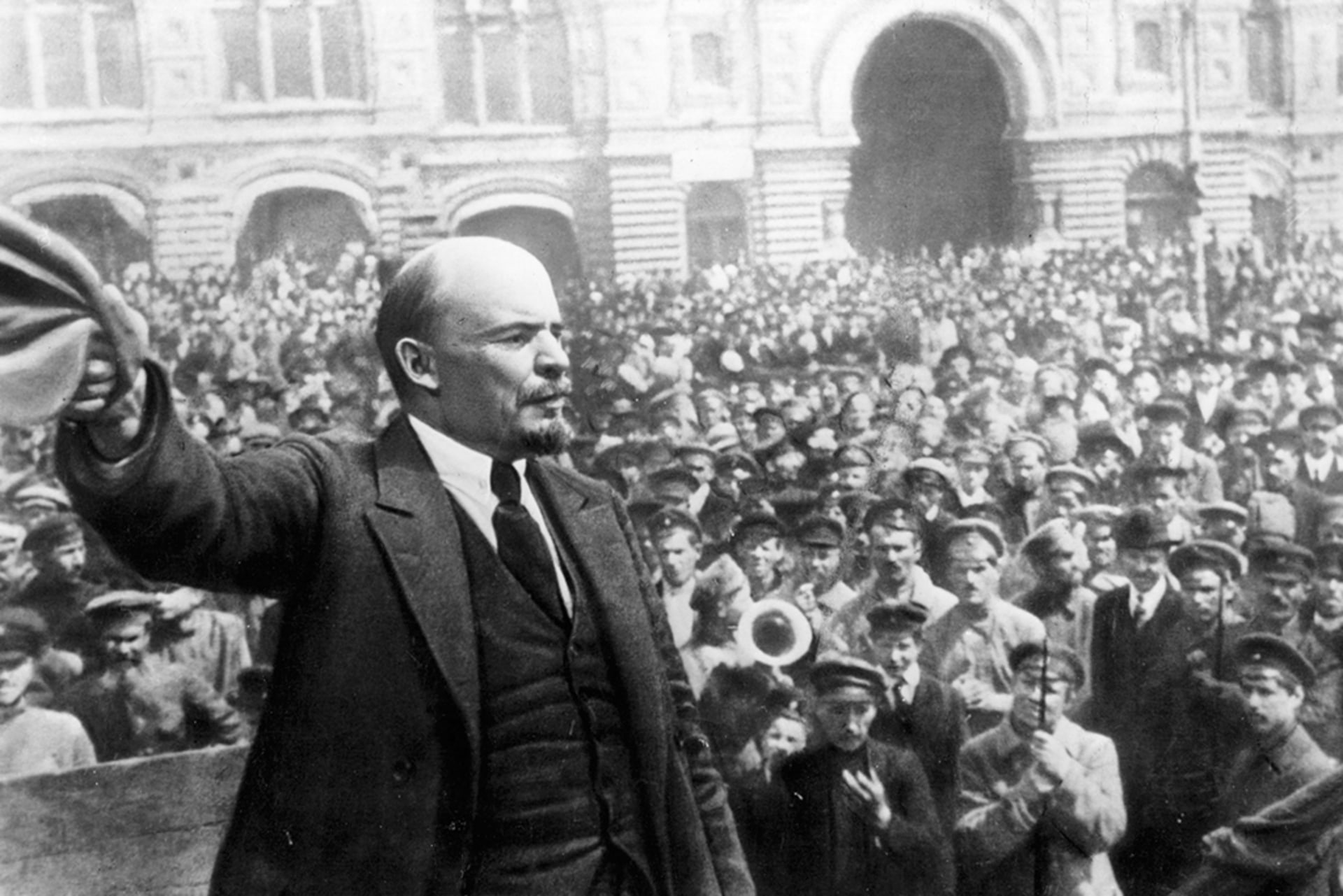 Russian communist revolutionary leader Vladimir Lenin giving a speech to a large crowd in the Red Square, Moscow on May 25, 1919.