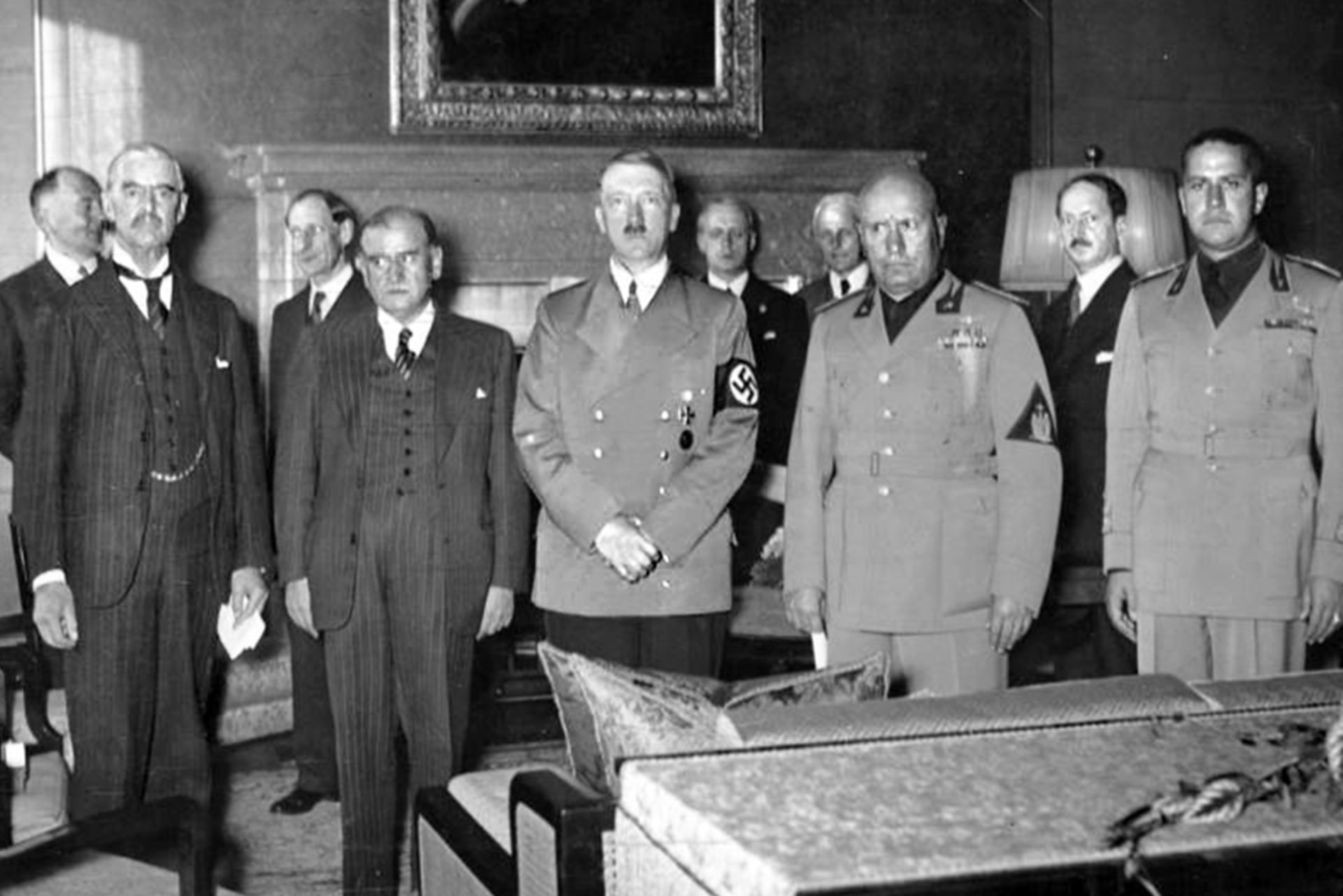 Adolf Hitler and Benito Mussolini (third and fourth from left), with Italian Foreign Minister Galeazzo Ciano (right), British Prime Minister Neville Chamberlain (left) and French Premier Edouard Daladier at the Munich Peace Conference.