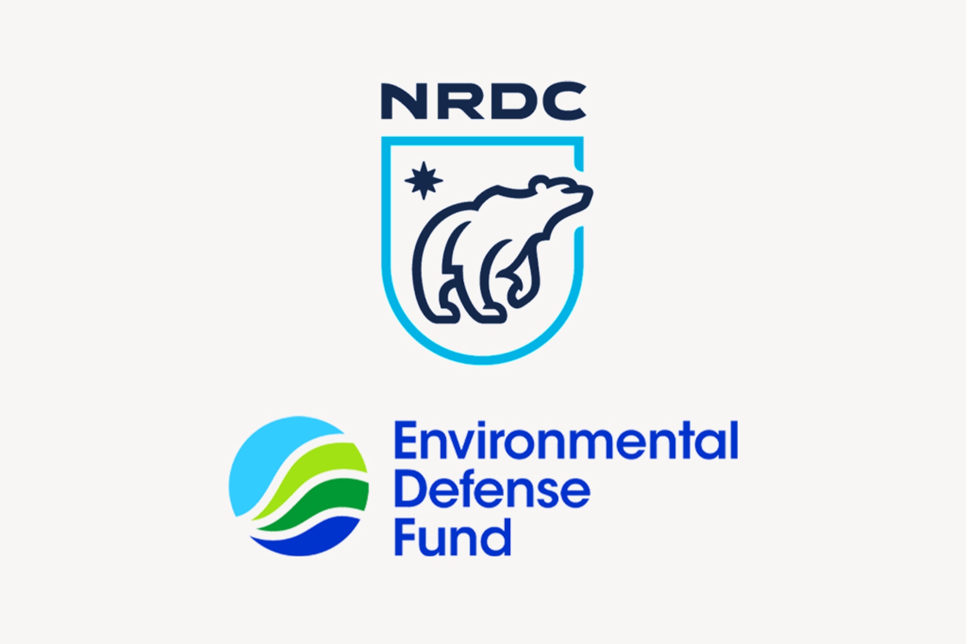 The logos of the NRDC, a polar bear and North Star, and EDF, a circle with blues and greens.
