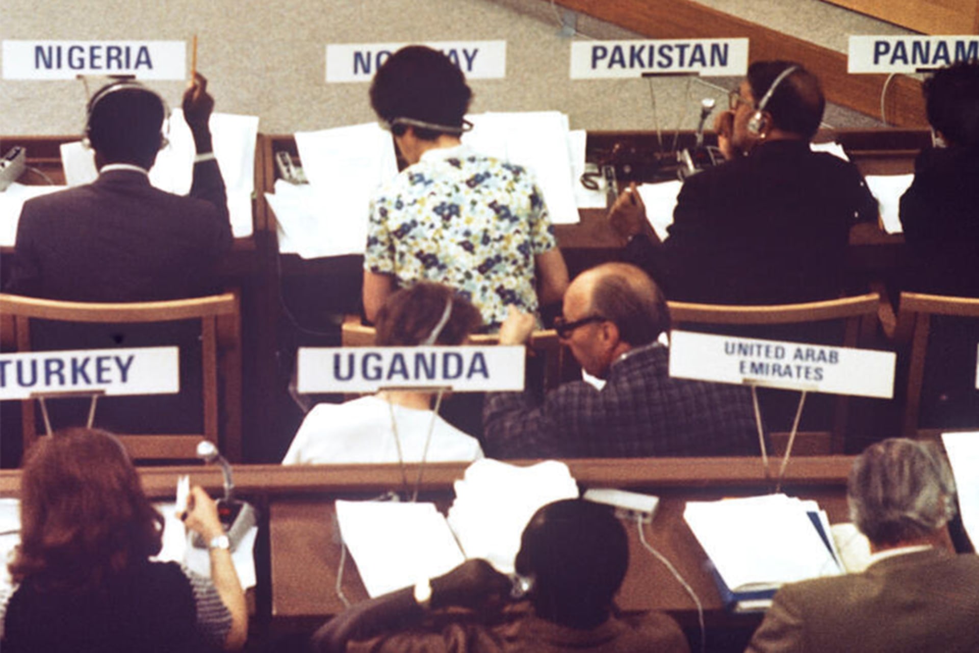 United Nations Conference on the Human Environment (UNCHE) meets in Stockholm, Sweden, on June 8 1972. Country placards can be seen in front of members.