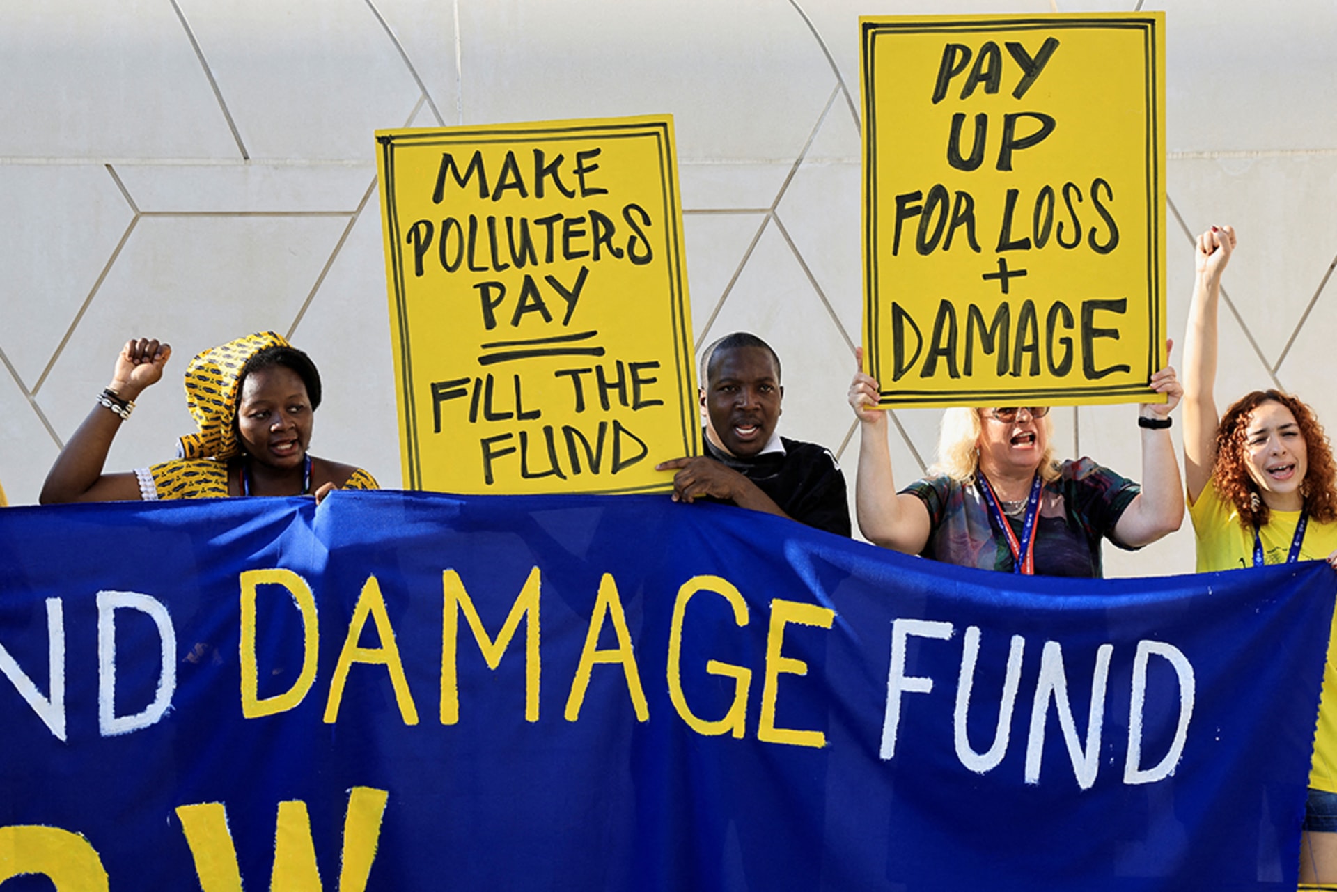 Climate activists protest against fossil fuel emitters, demanding action and more contributions to the Loss and Damage Fund, during COP28 in Dubai, United Arab Emirates, December 4, 2023.