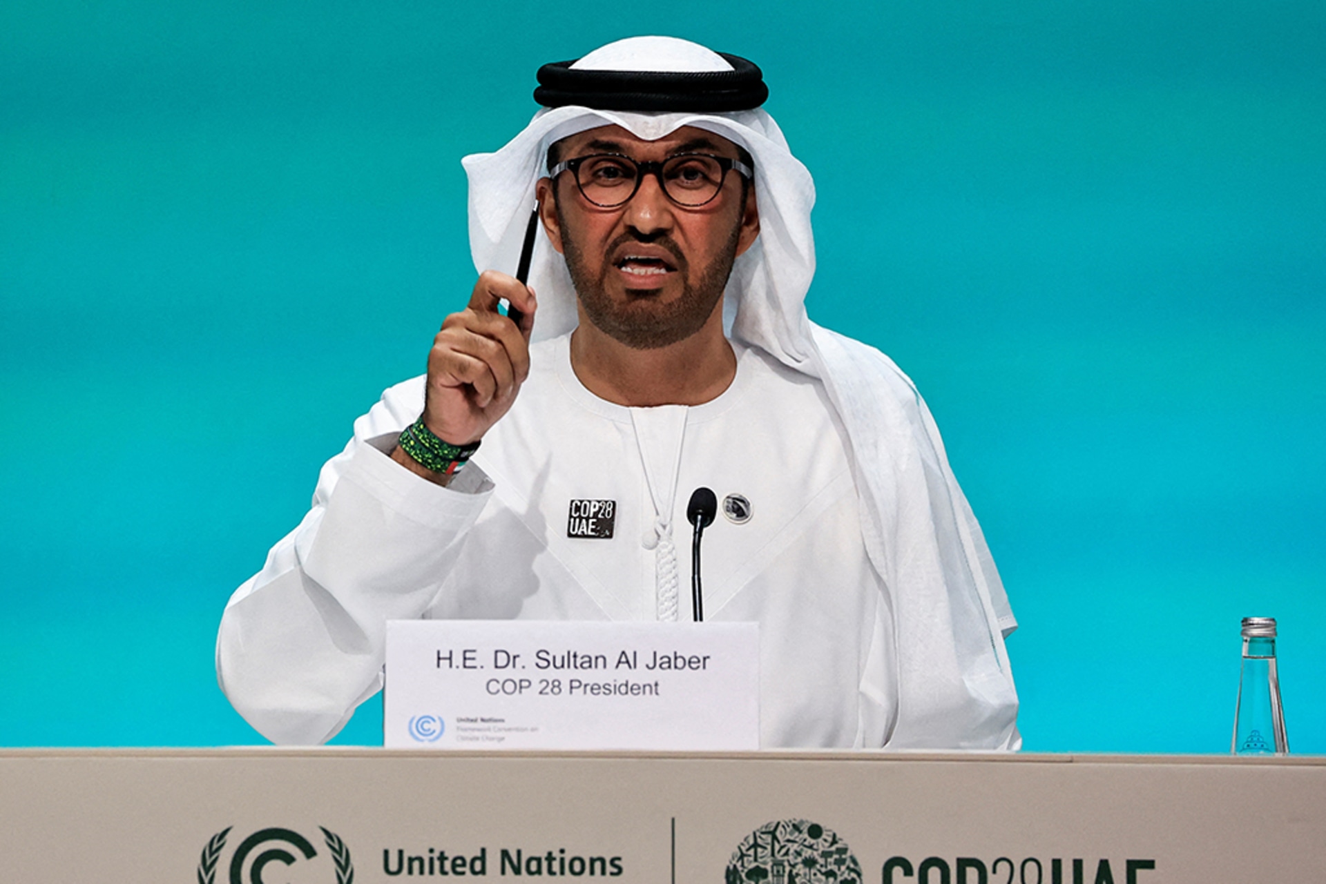 U.A.E. Minister of Industry and Advanced Technology and COP28 President Sultan Ahmed Al Jaber speaks during a press conference at COP28 in Dubai, United Arab Emirates on December 4, 2023.