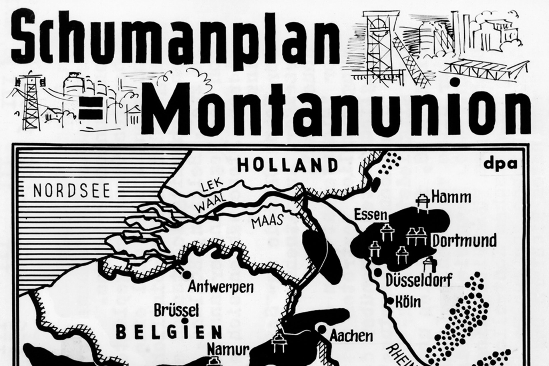 Graphic of the founding states of the European Coal and Steel Community that reads "Schumanplan Montanuion".