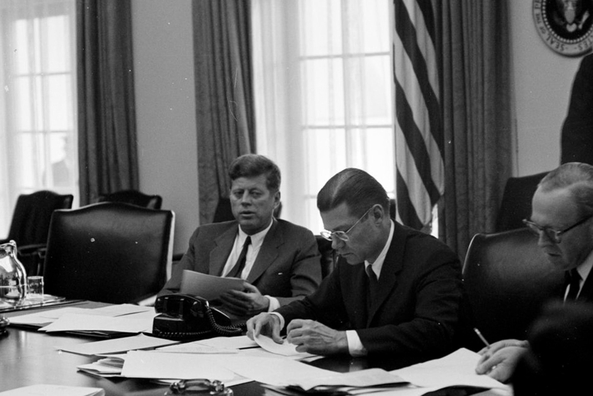 President John F. Kennedy meets members of the Executive Committee of the National Security Council regarding the Cuban missile crisis.