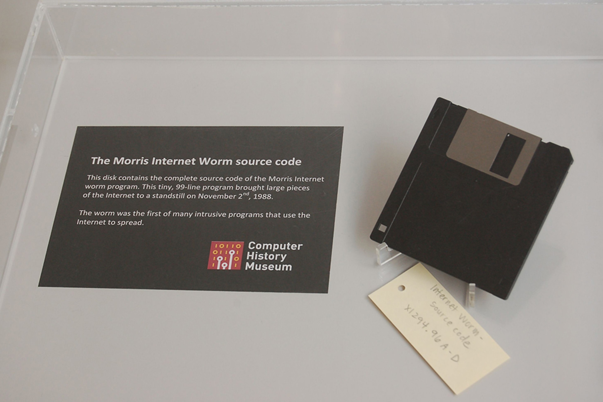 The Morris Worm source code on a floppy disk on display at the Computer History Museum in Mountain View, California.