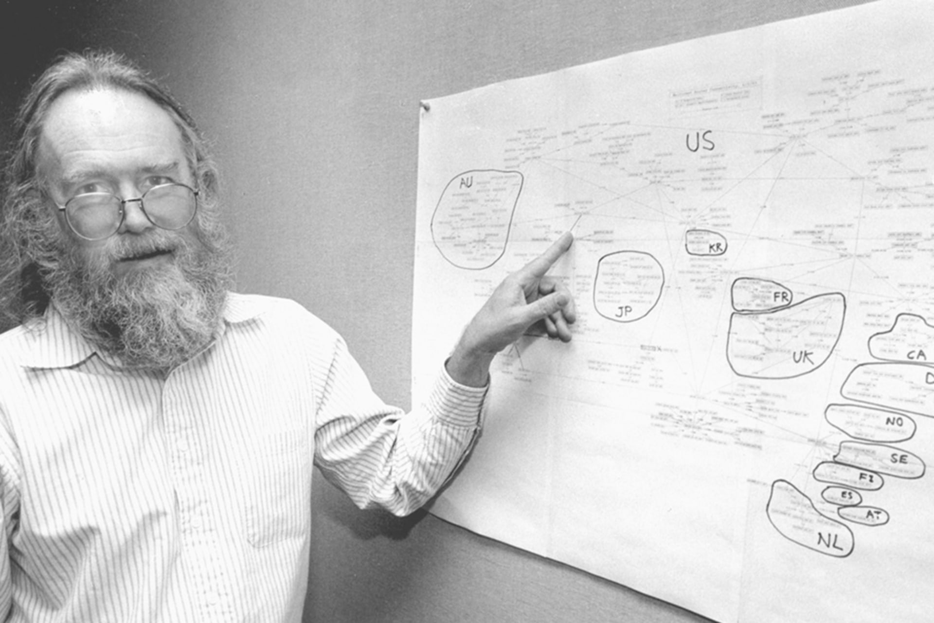 Jon Postel, director of the Internet Assigned Numbers Authority, points to a hand-drawn map of Internet top-level domains in 1994.