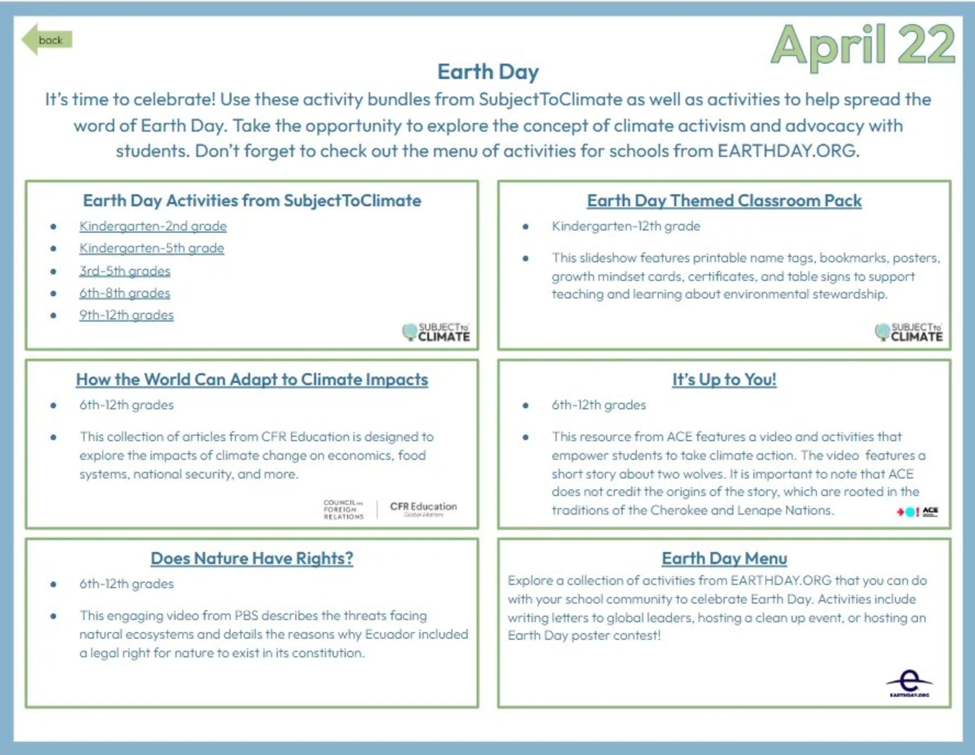 Calendar of Earth Day activities from SubjectToClimate