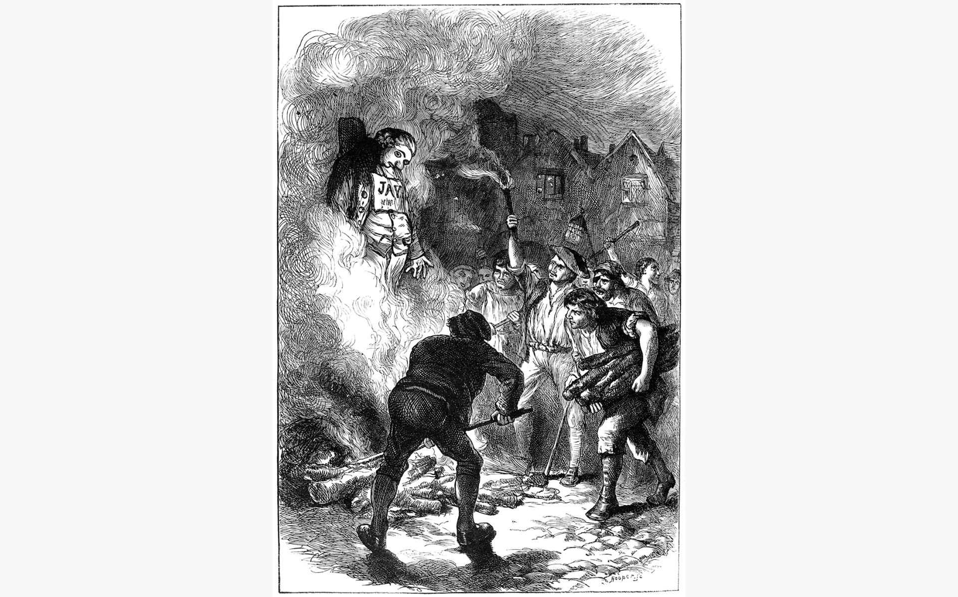 A black and white illustration showing the burning of John Jay's effigy.