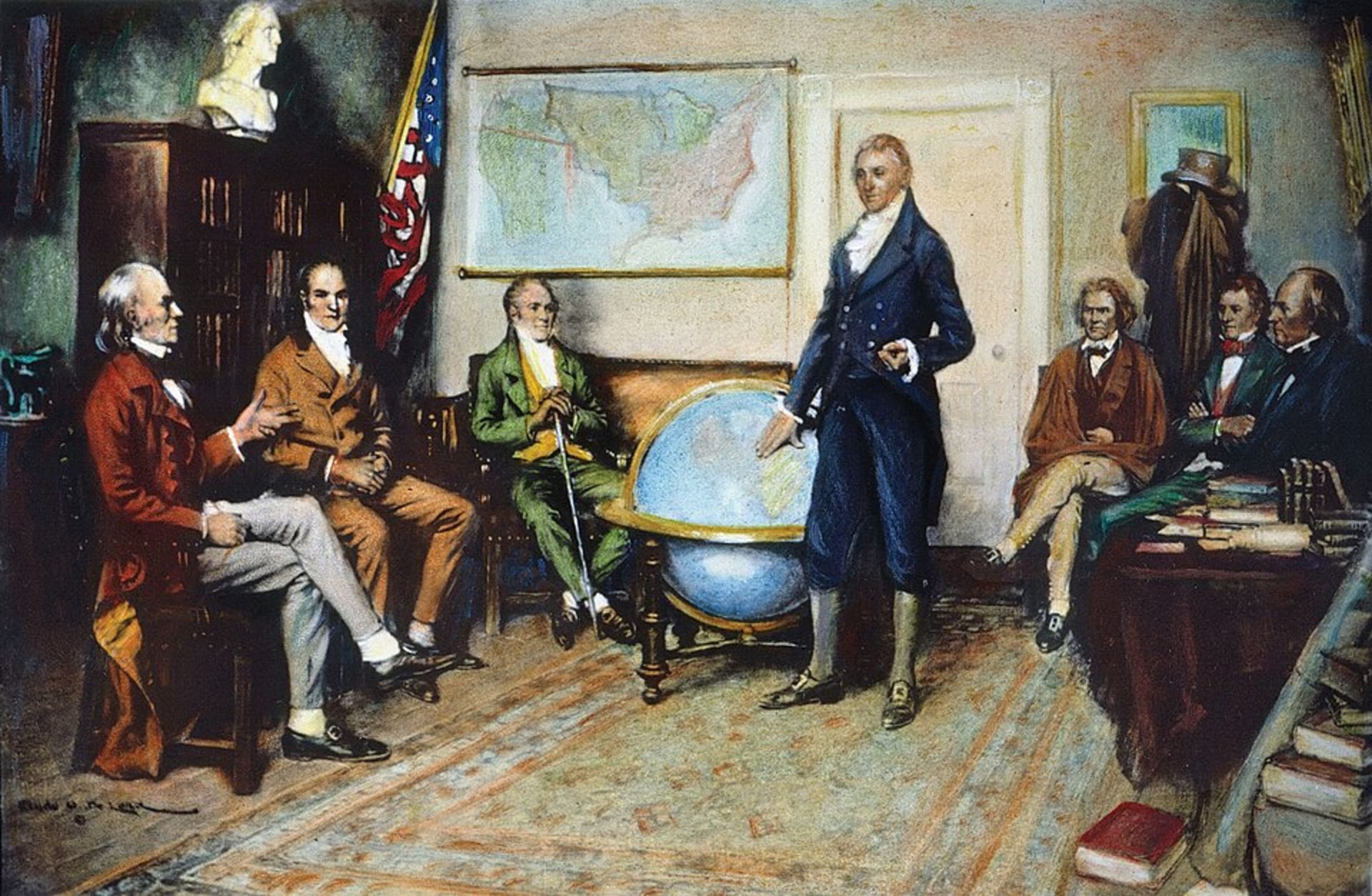 A painting showing James Monroe and his cabinet seated in a room. Monroe stands over a large globe as other listen to him.