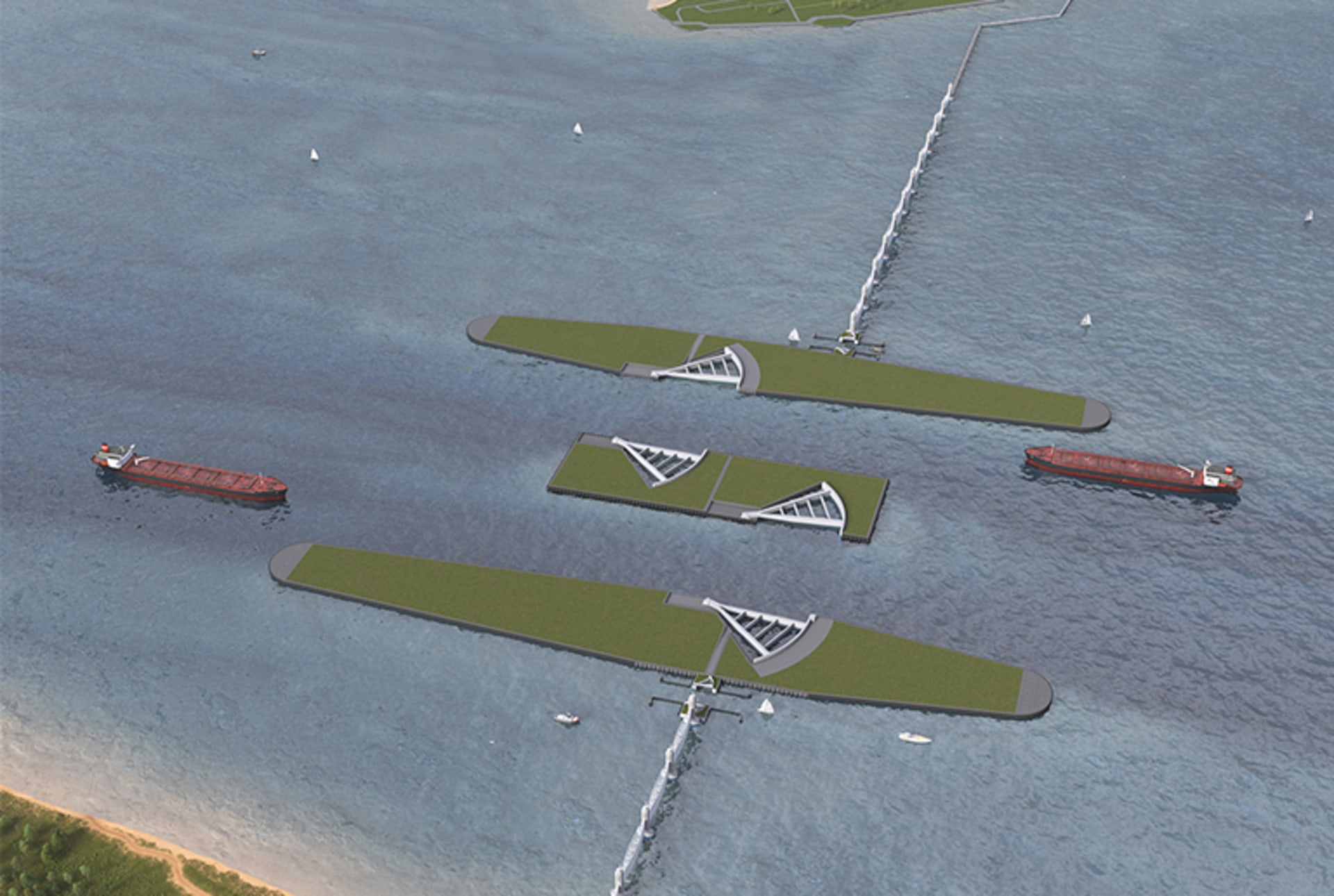  A rendering of Texas’s proposed coastal barrier project, the Galveston Bay Storm Surge Barrier System. 