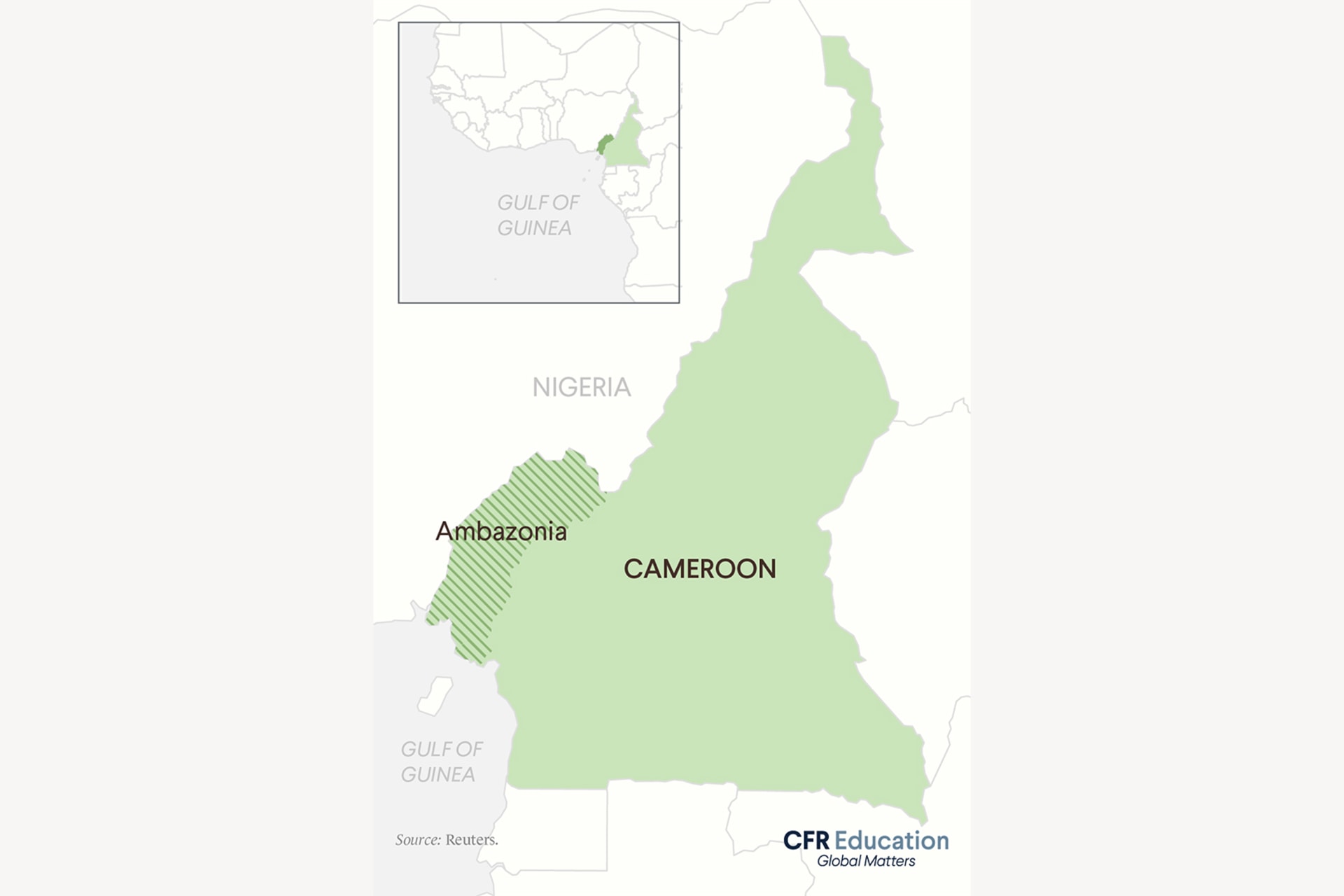 A map graphic showing Cameroon highlighted in green and Ambazonia highlighted green with stripes. A smaller map showing a wider scale is pictured in the upper left hand corner.