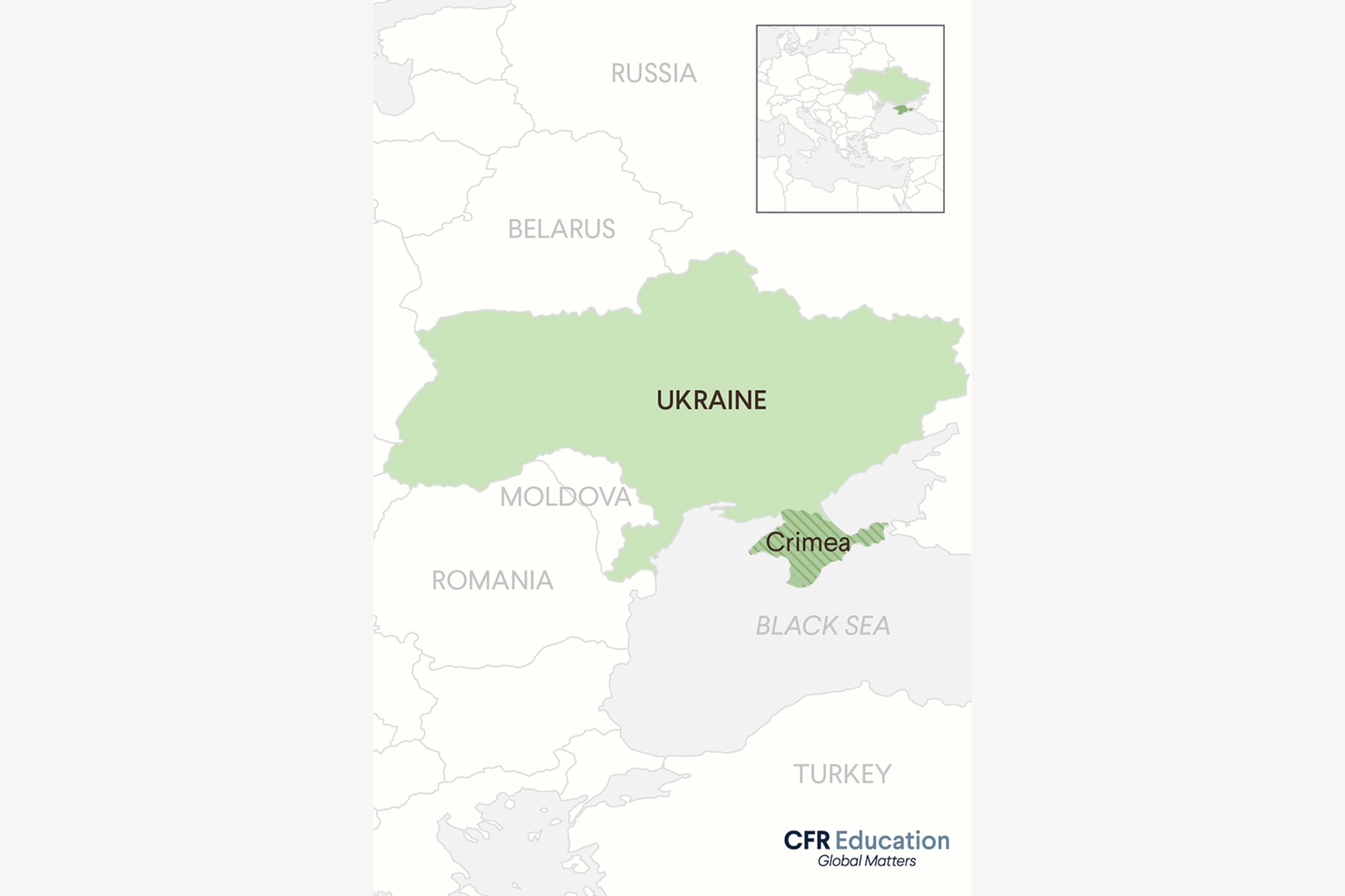 A map graphic showing Ukraine highlighted in green and Crimea highlighted green with stripes. A smaller map showing a wider scale is pictured in the upper right hand corner.