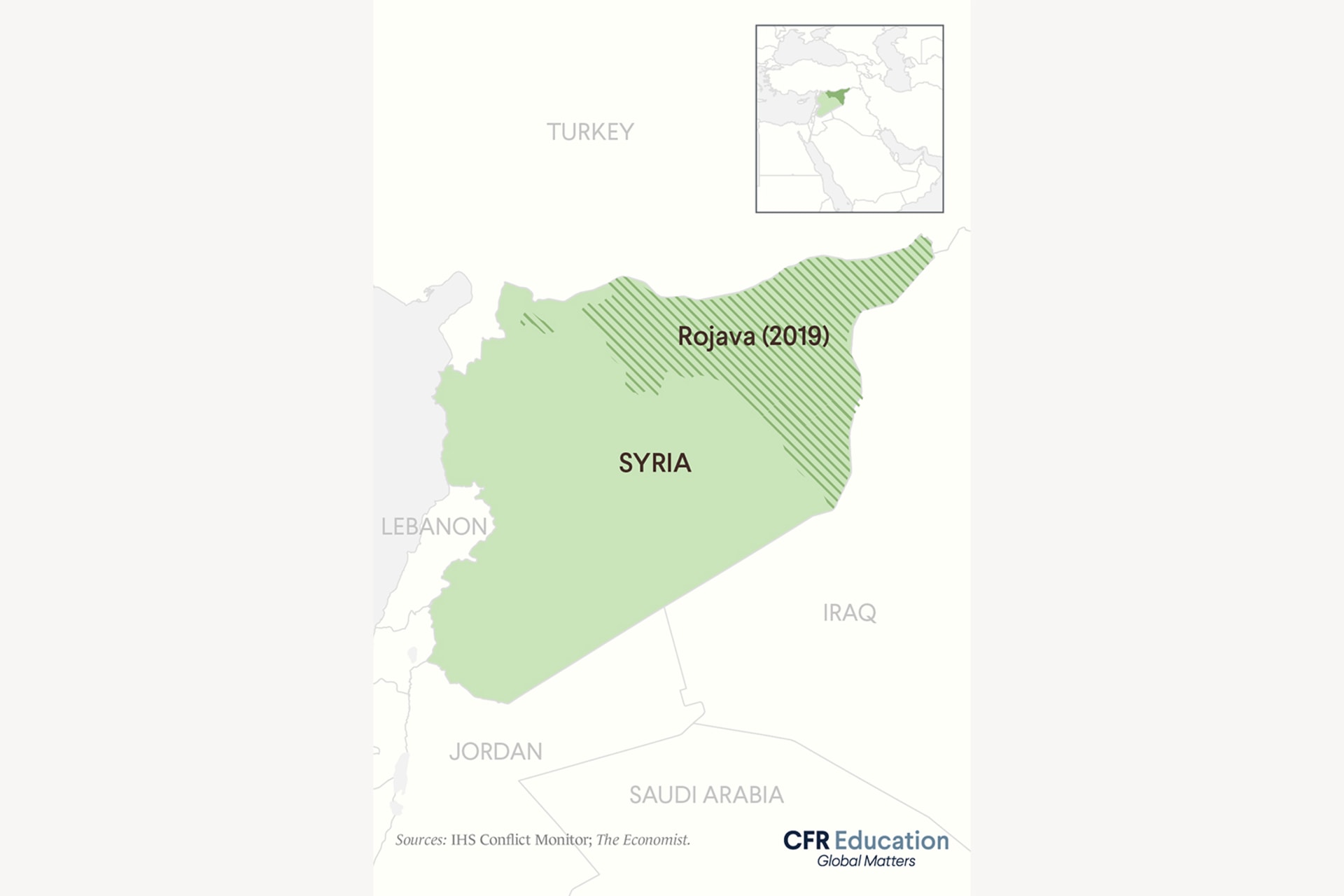 A map graphic showing Syria highlighted in green and Rojava (as of 2019) highlighted green with stripes. A smaller map showing a wider scale is pictured in the upper right hand corner.