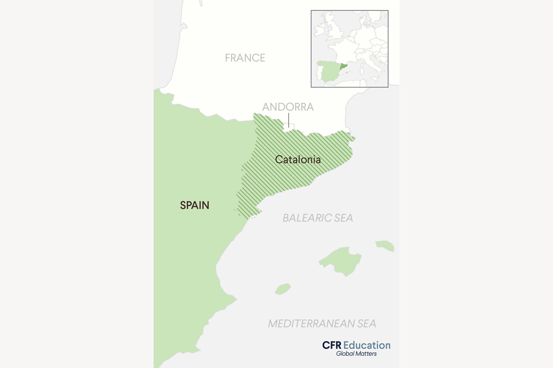 A map graphic showing Spain highlighted in green and Catalonia highlighted green with stripes. A smaller map showing a wider scale is pictured in the upper right hand corner.