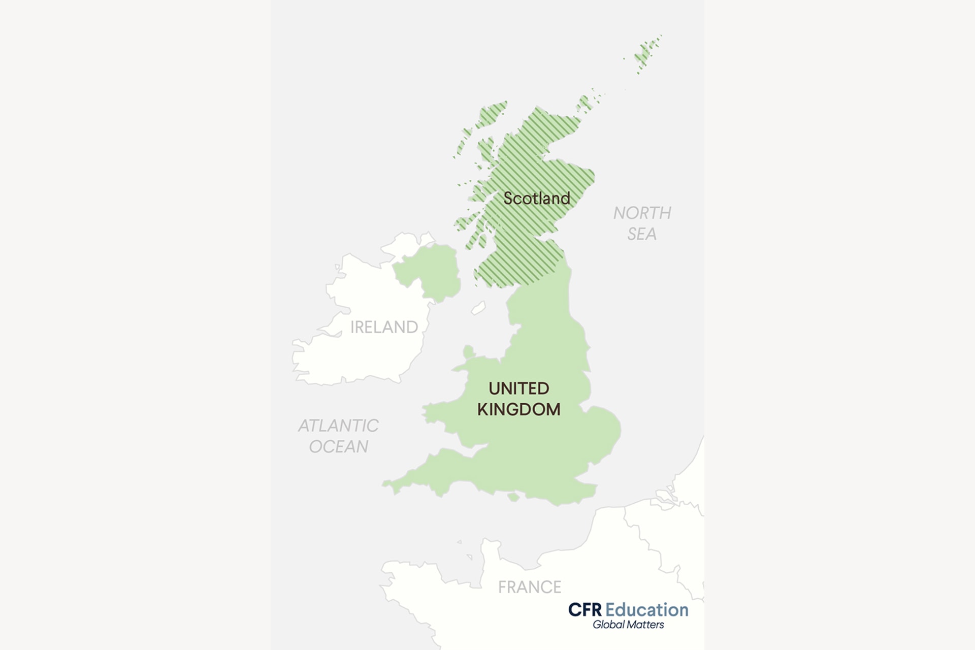 A map graphic showing the United Kingdom highlighted in green and Scotland highlighted green with stripes.