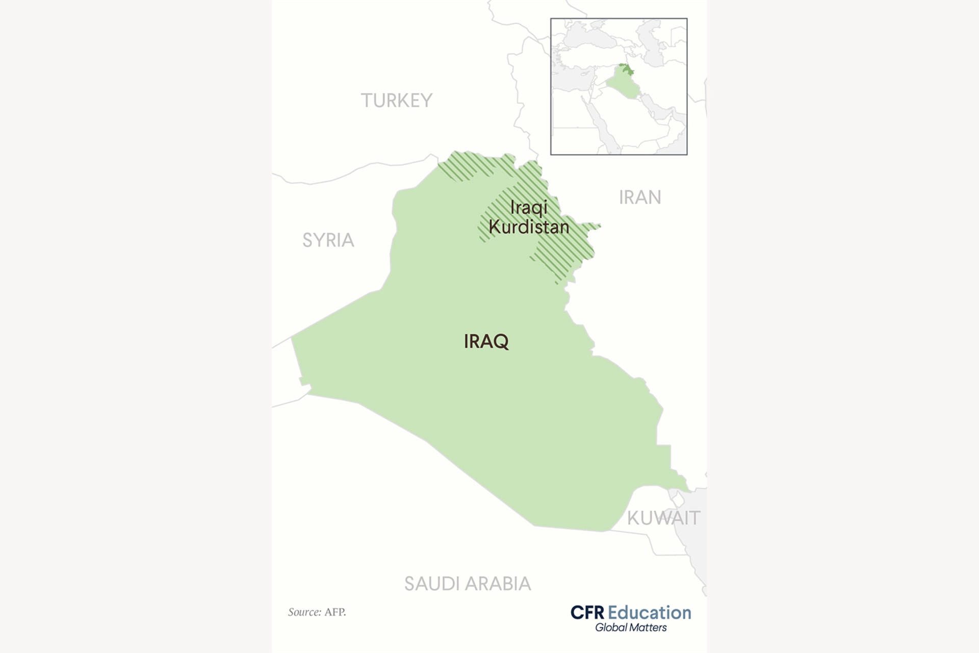 A map graphic showing Iraq highlighted in green and Iraqi Kurdistan highlighted green with stripes. A smaller map showing a wider scale is pictured in the upper right hand corner.