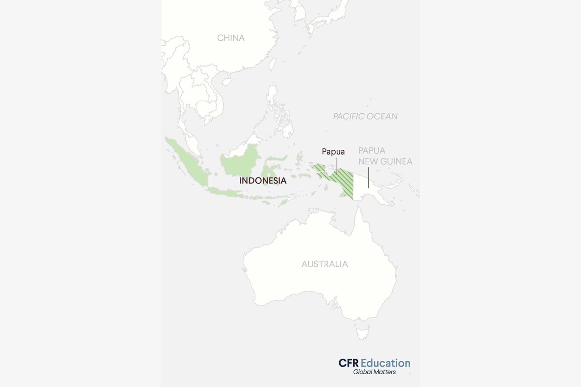 A map graphic showing Indonesia highlighted in green and Papua highlighted green with stripes.